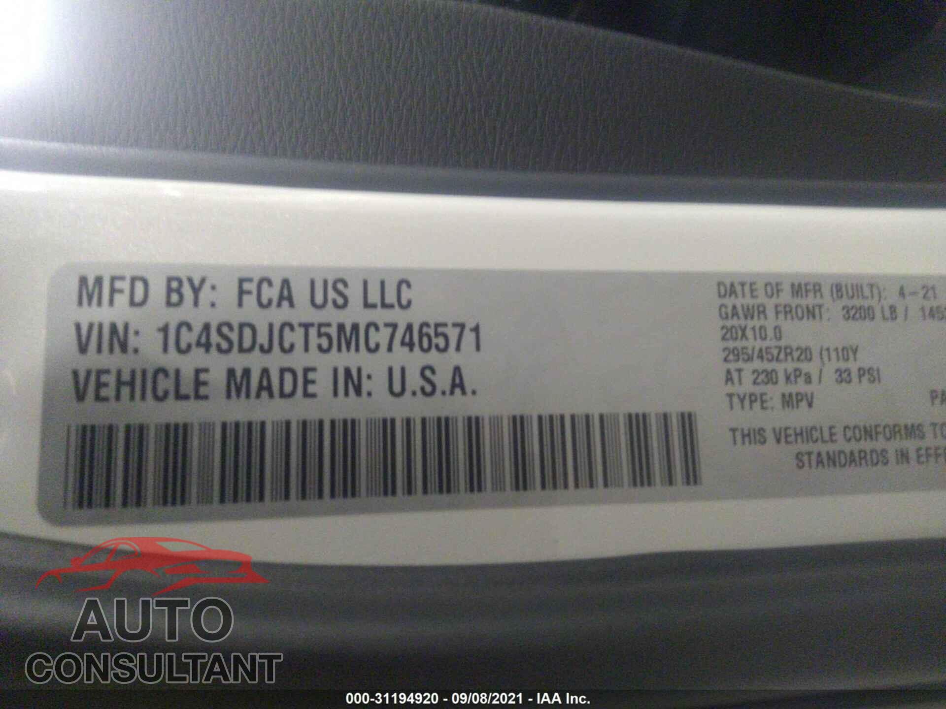 DODGE DURANGO 2021 - 1C4SDJCT5MC746571