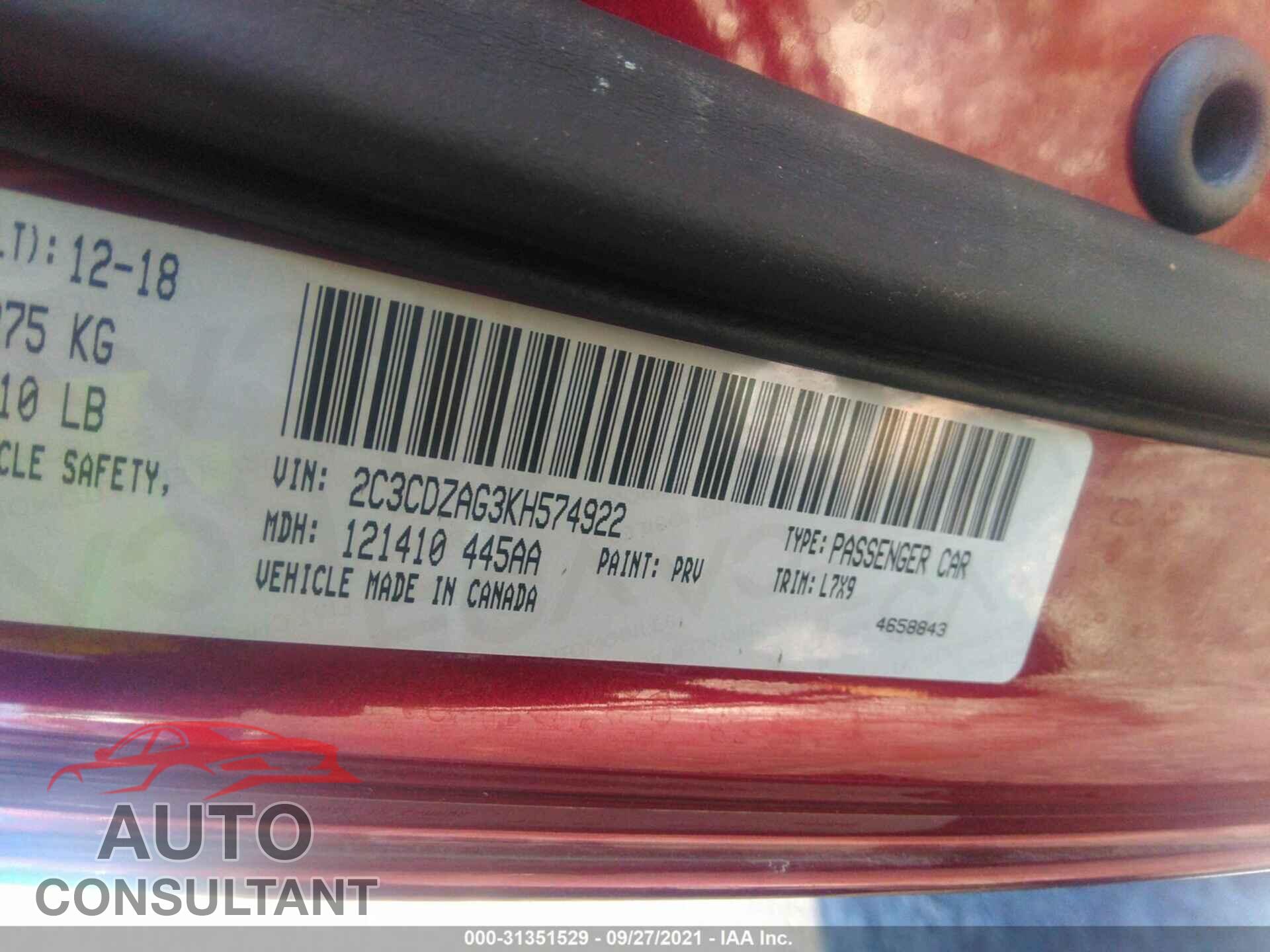 DODGE CHALLENGER 2019 - 2C3CDZAG3KH574922