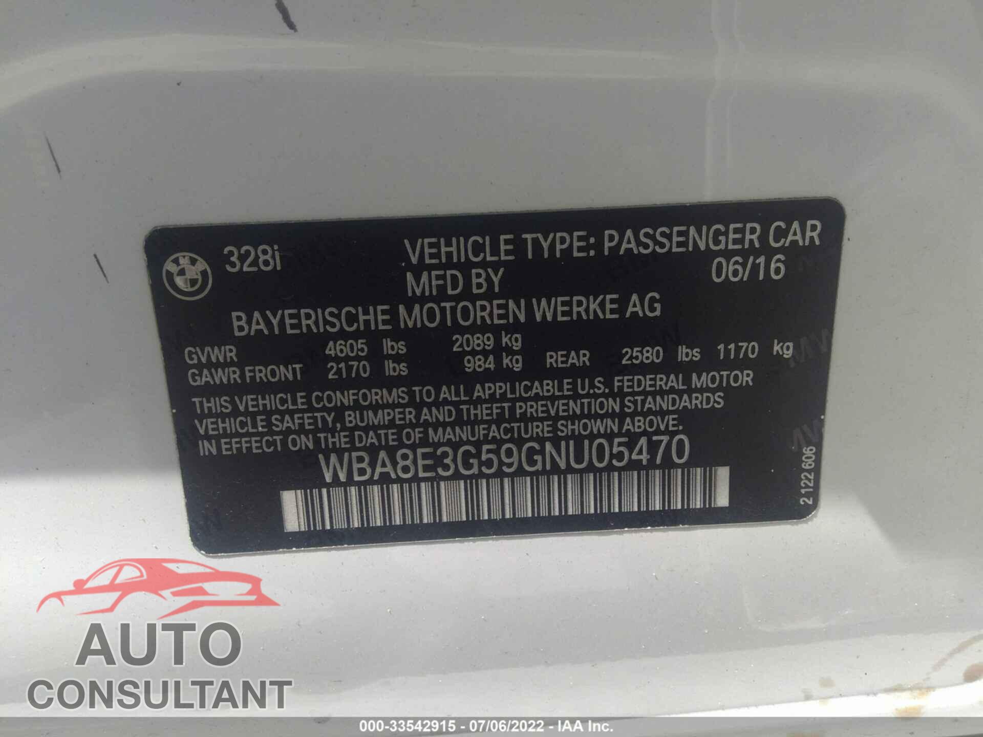 BMW 3 SERIES 2016 - WBA8E3G59GNU05470
