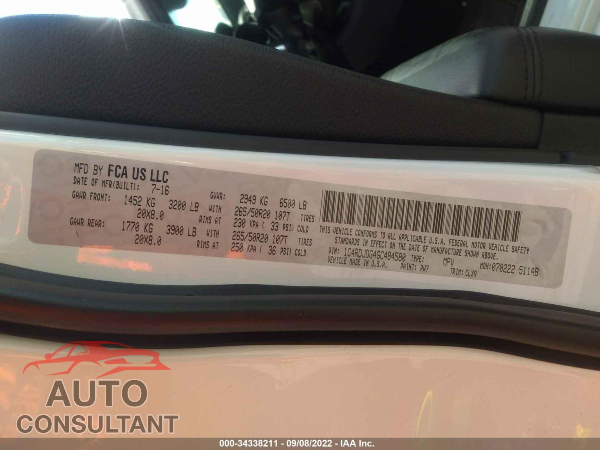 DODGE DURANGO 2016 - 1C4RDJDG4GC484580