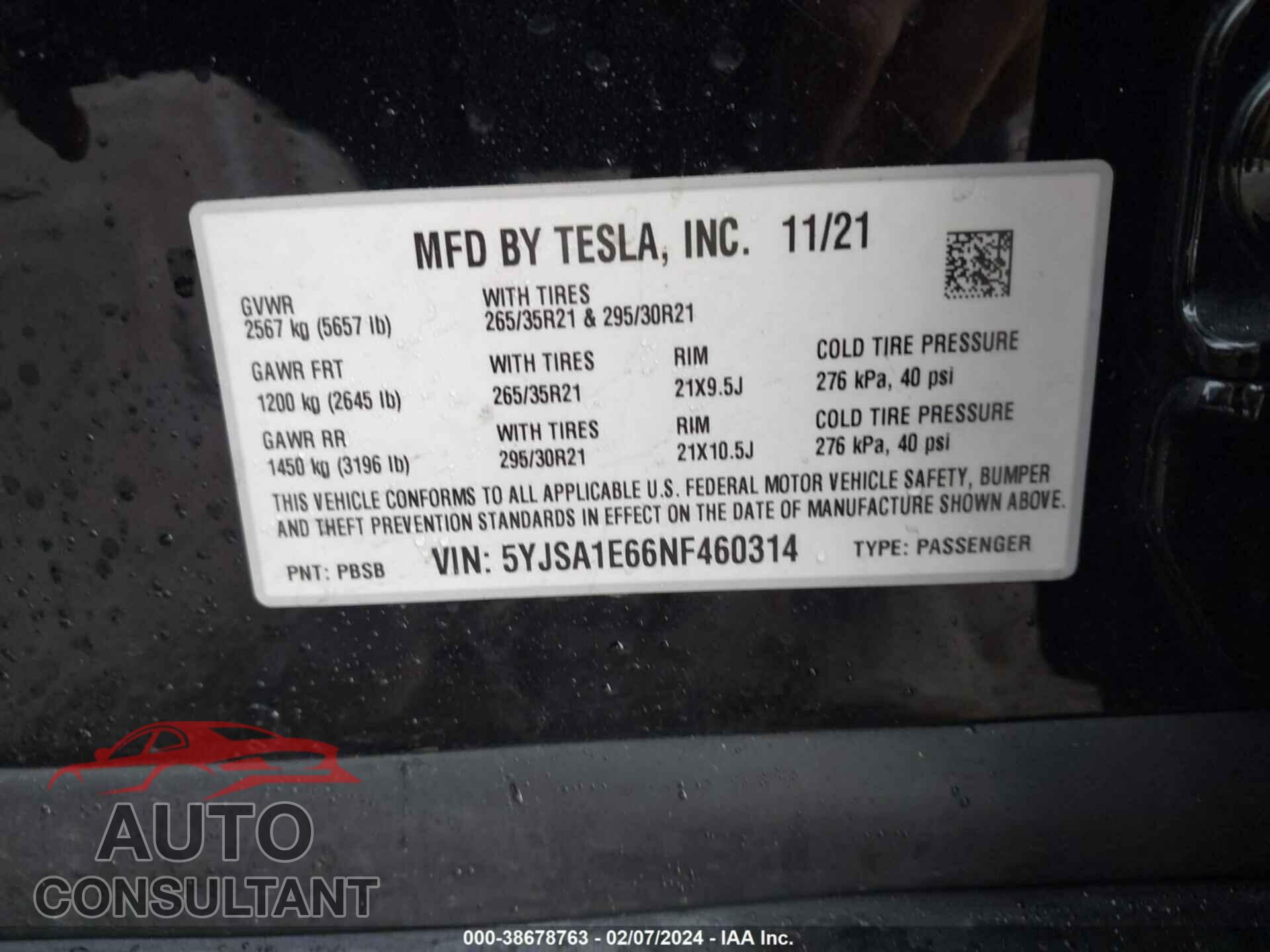 TESLA MODEL S 2022 - 5YJSA1E66NF460314