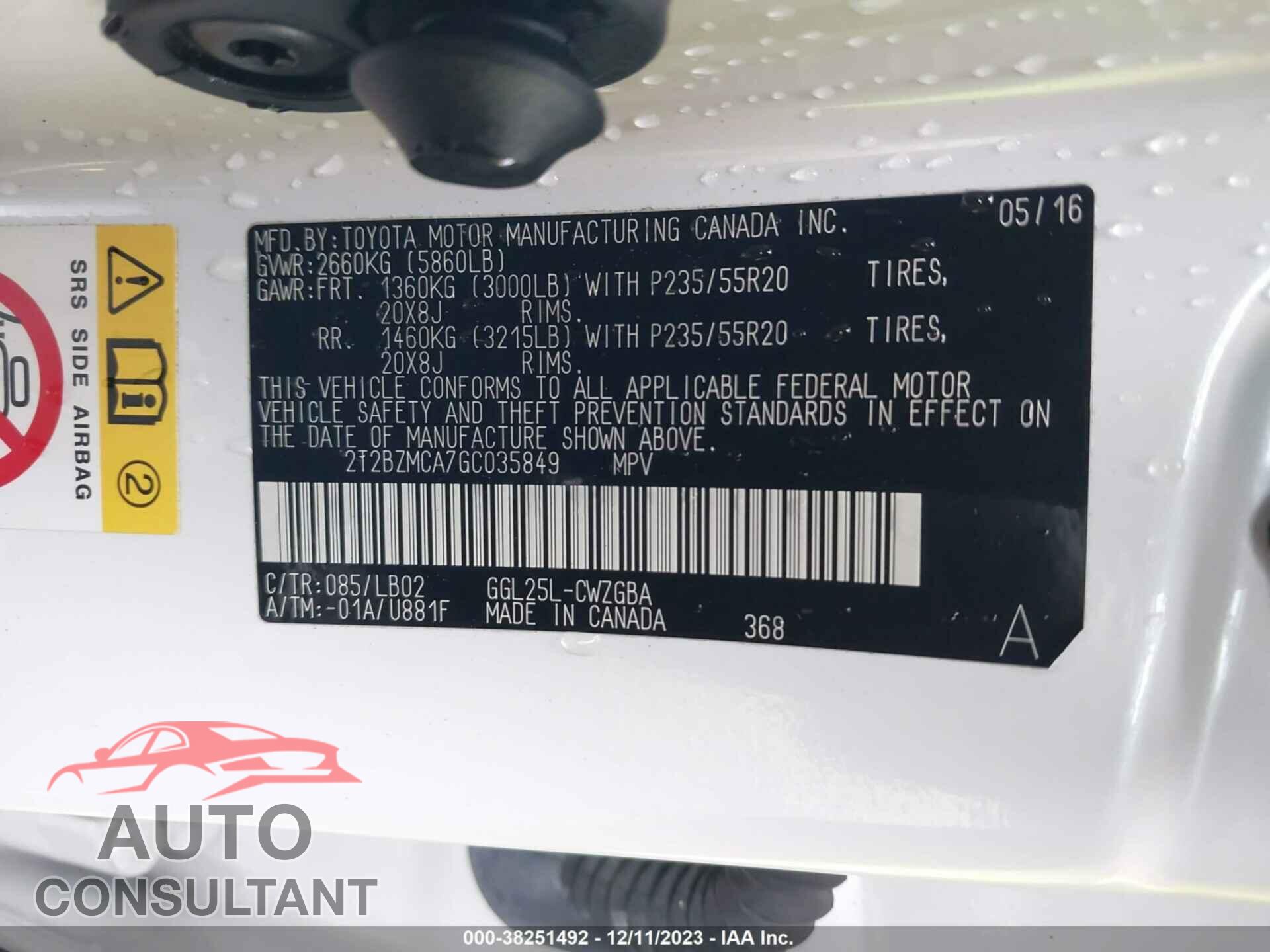 LEXUS RX 2016 - 2T2BZMCA7GC035849