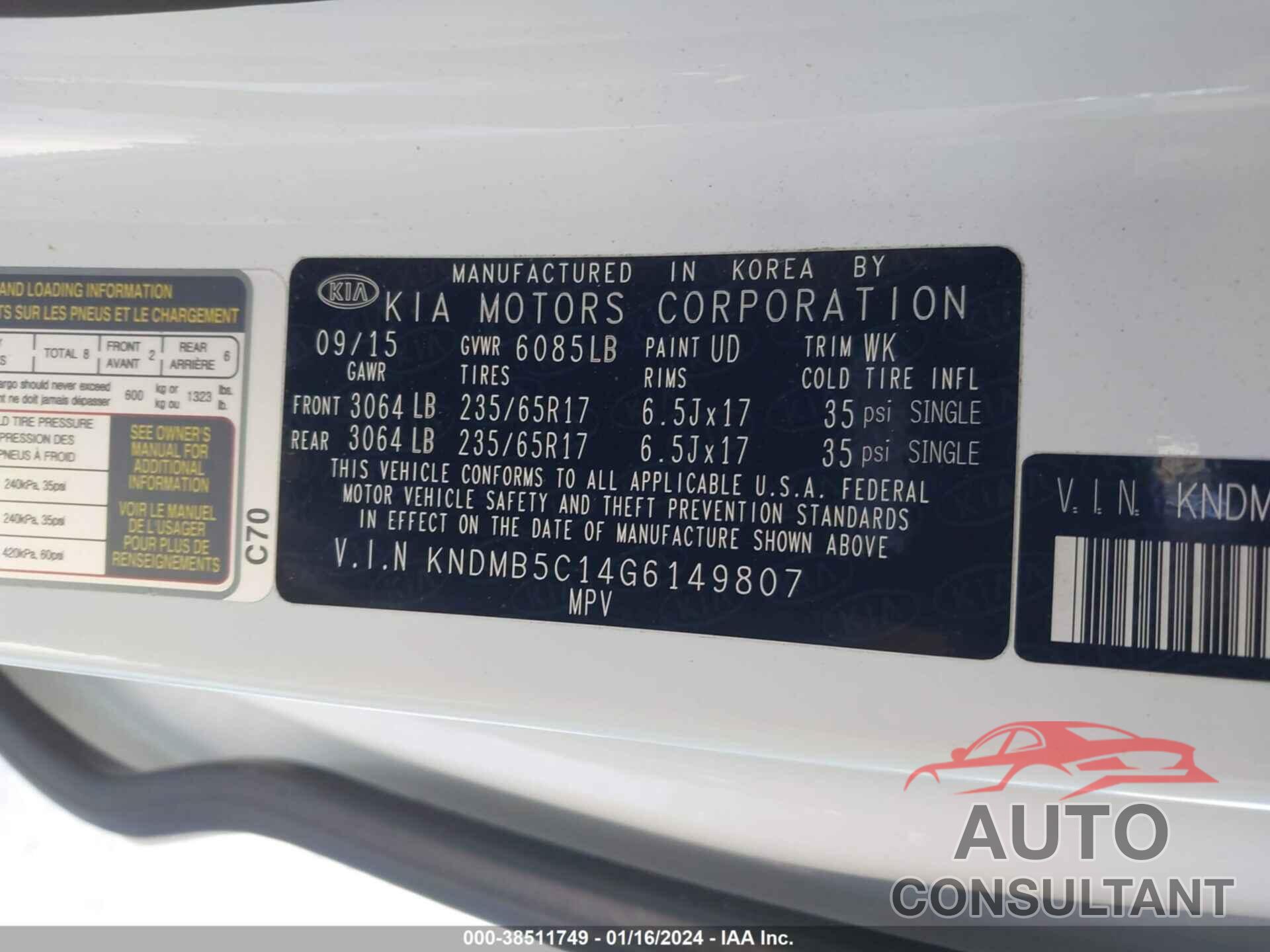 KIA SEDONA 2016 - KNDMB5C14G6149807