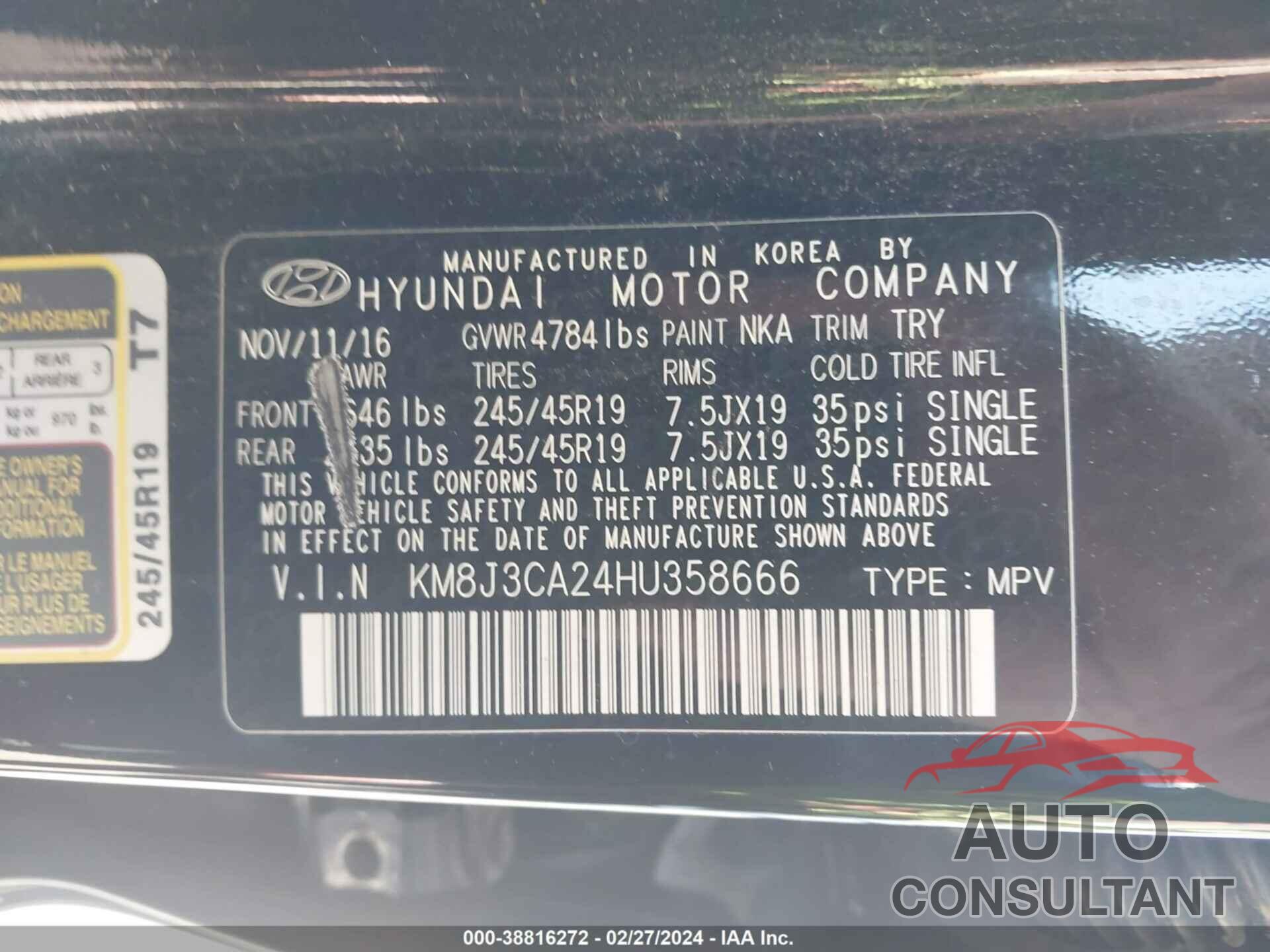 HYUNDAI TUCSON 2017 - KM8J3CA24HU358666