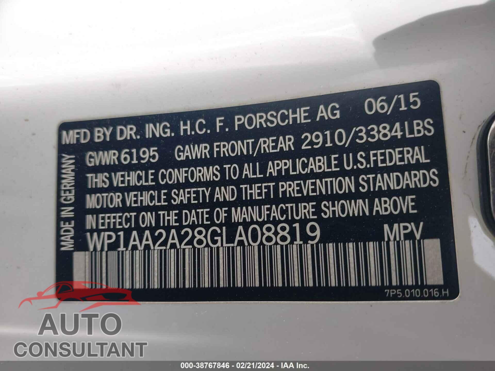 PORSCHE CAYENNE 2016 - WP1AA2A28GLA08819
