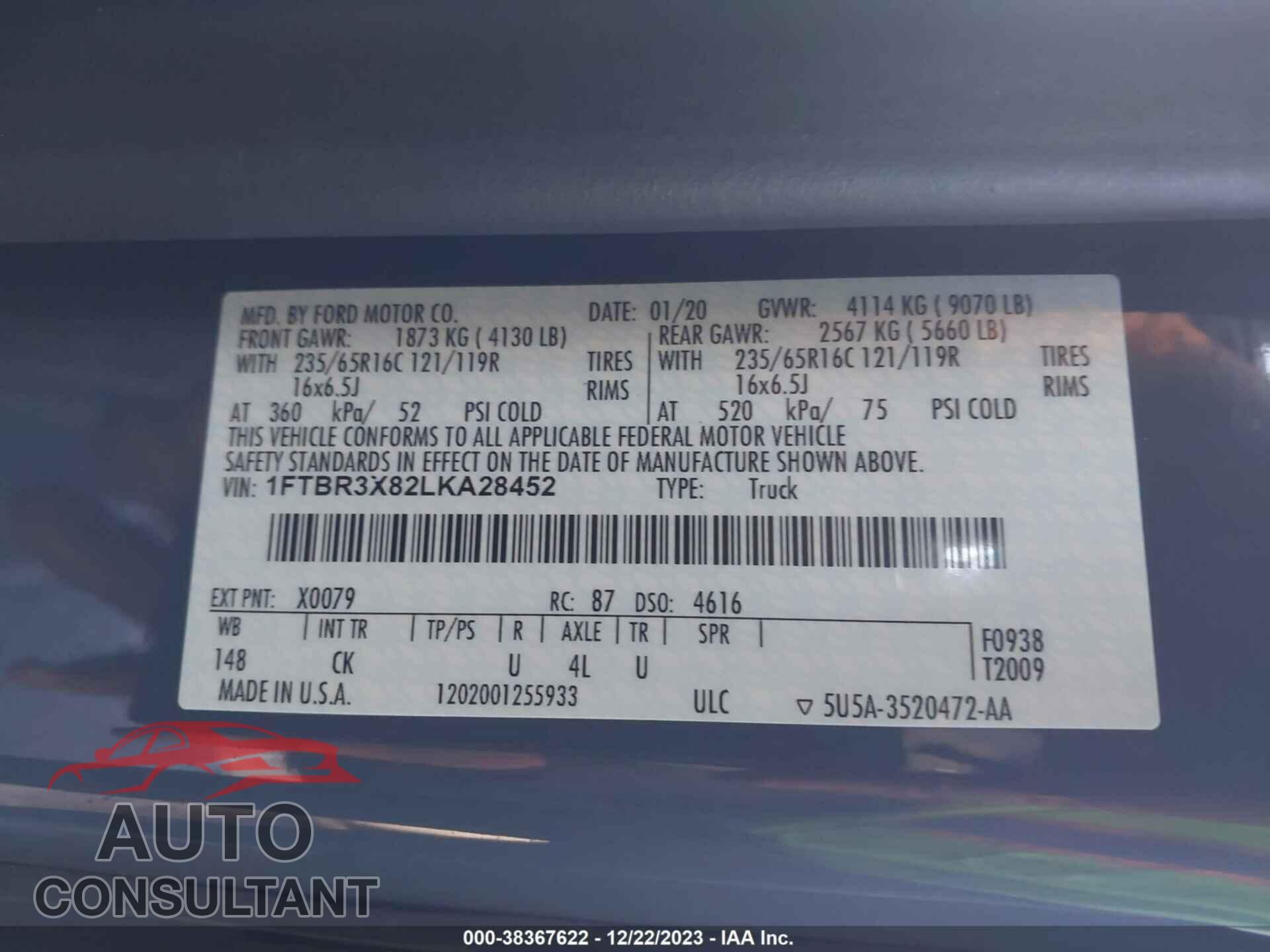 FORD TRANSIT-250 CARGO VAN 2020 - 1FTBR3X82LKA28452