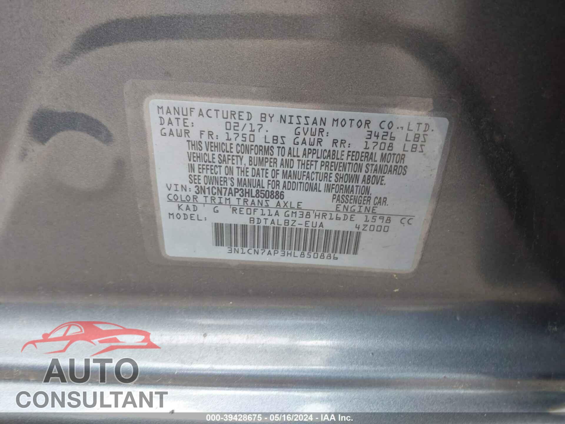 NISSAN VERSA 2017 - 3N1CN7AP3HL850886