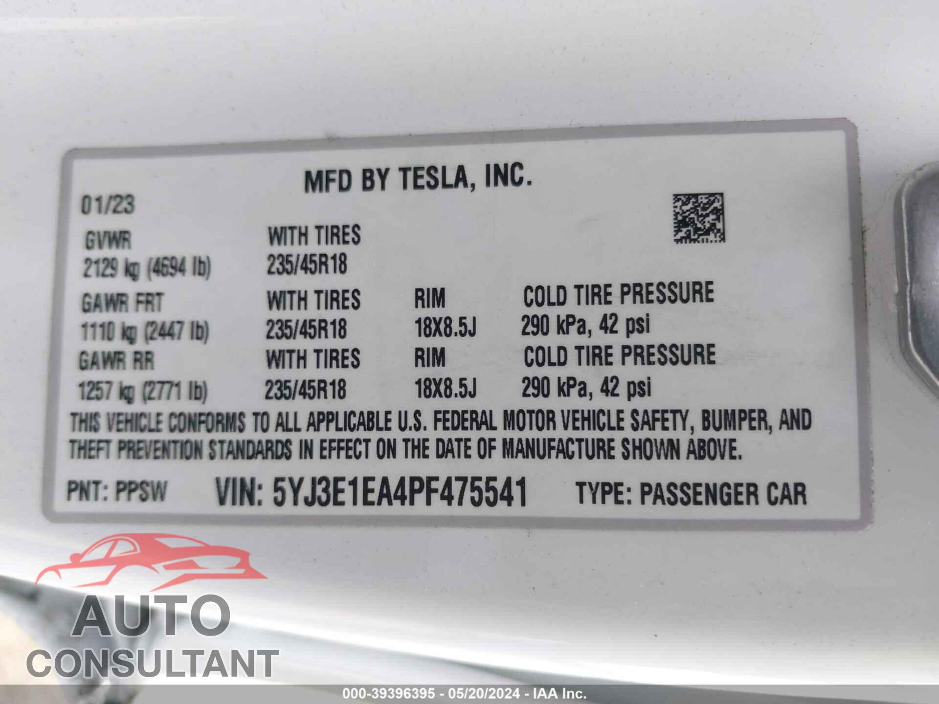 TESLA MODEL 3 2023 - 5YJ3E1EA4PF475541