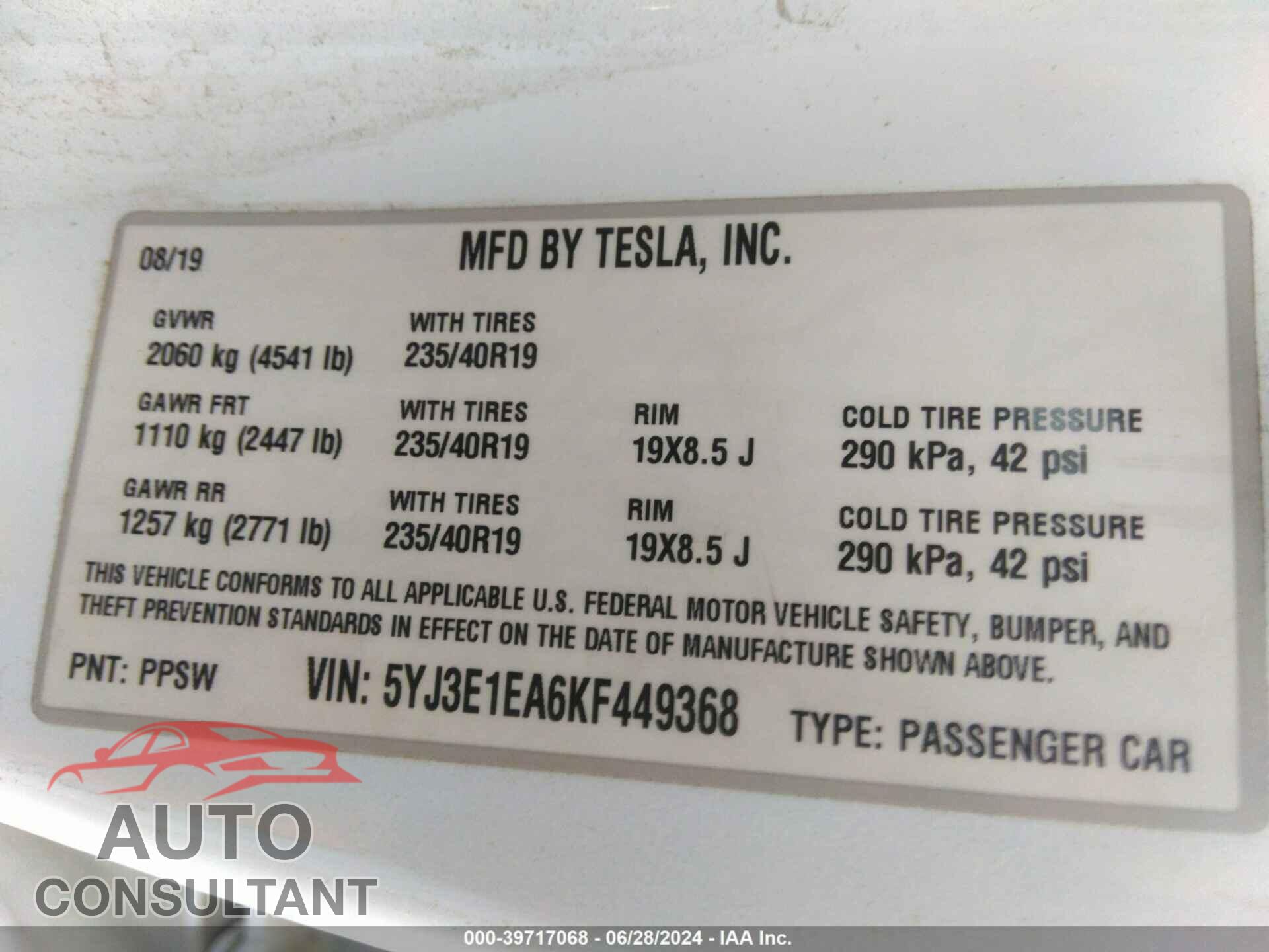 TESLA MODEL 3 2019 - 5YJ3E1EA6KF449368