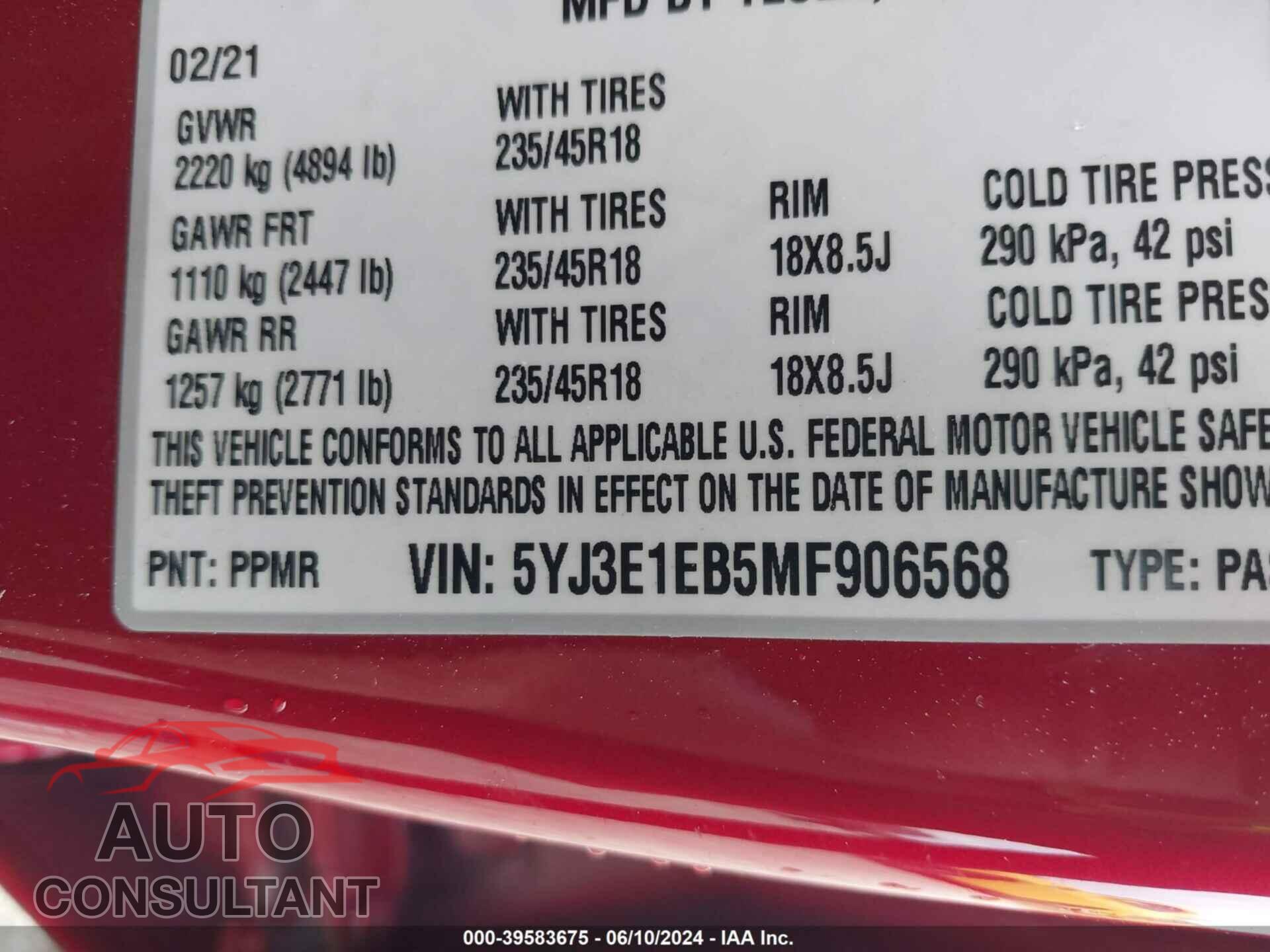 TESLA MODEL 3 2021 - 5YJ3E1EB5MF906568