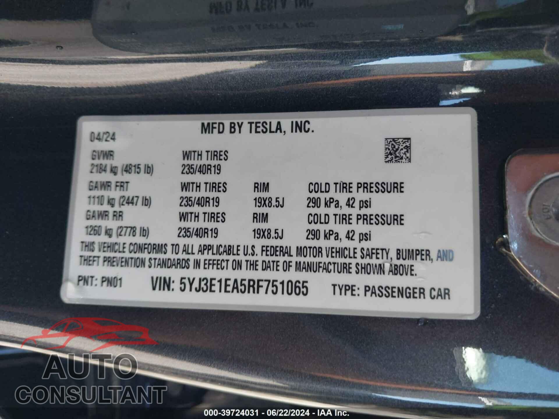 TESLA MODEL 3 2024 - 5YJ3E1EA5RF751065
