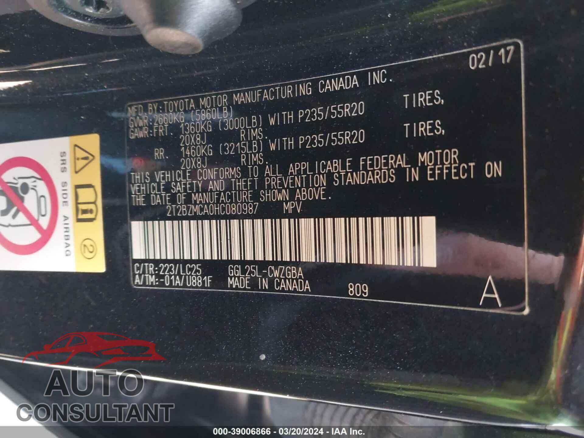 LEXUS RX 2017 - 2T2BZMCA0HC080987
