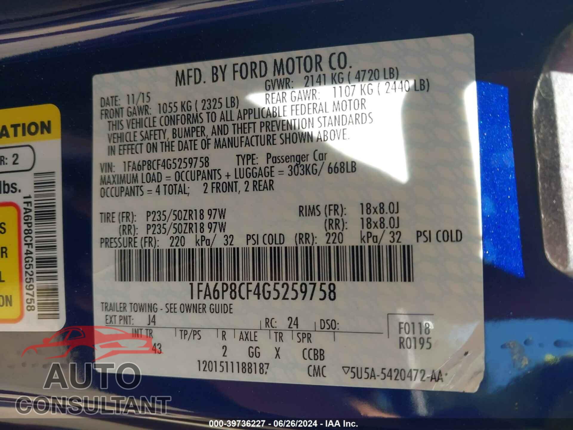 FORD MUSTANG 2016 - 1FA6P8CF4G5259758