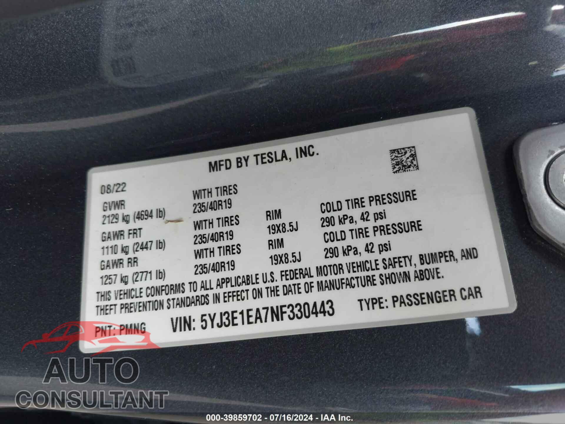 TESLA MODEL 3 2022 - 5YJ3E1EA7NF330443