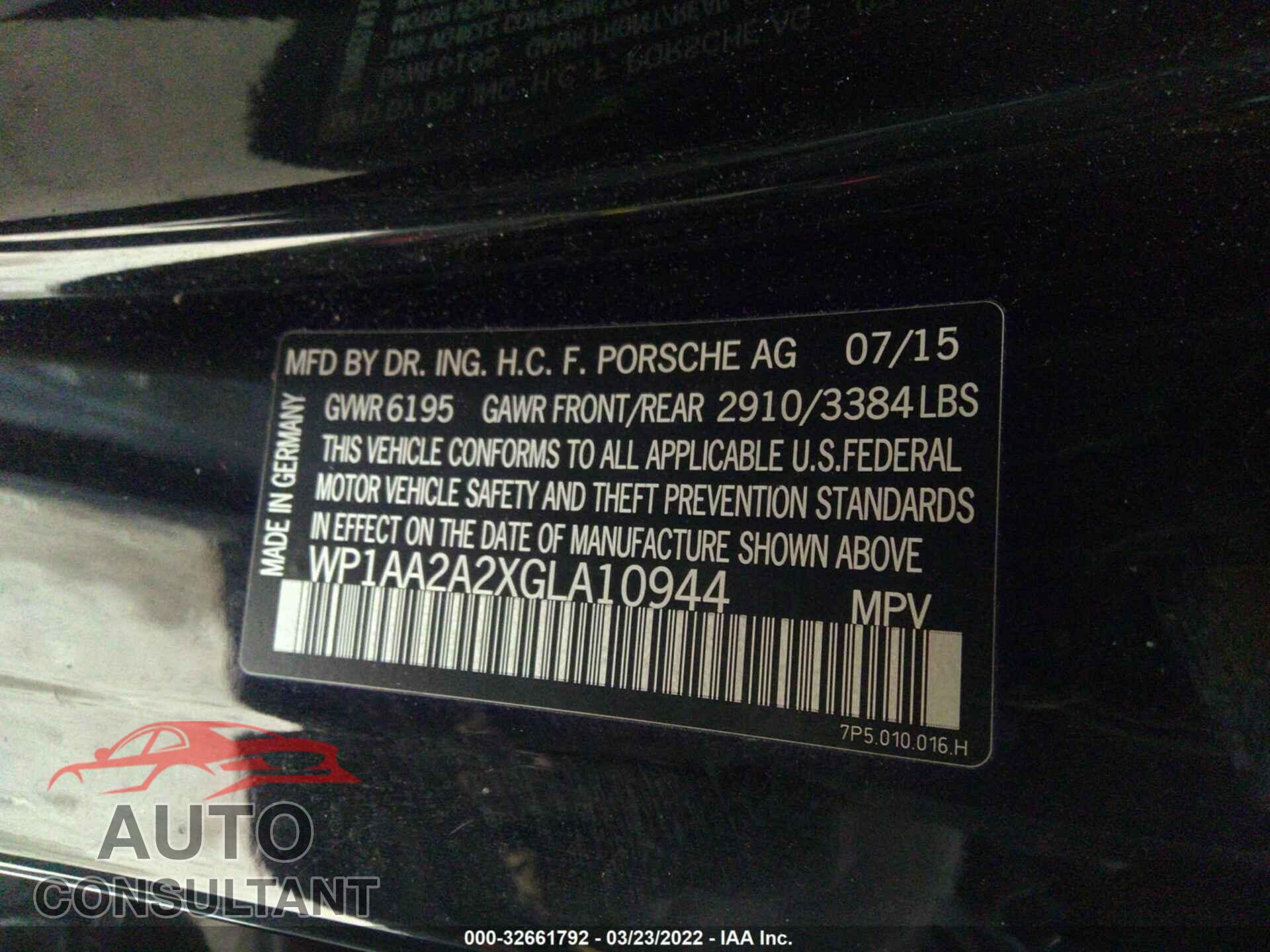 PORSCHE CAYENNE 2016 - WP1AA2A2XGLA10944