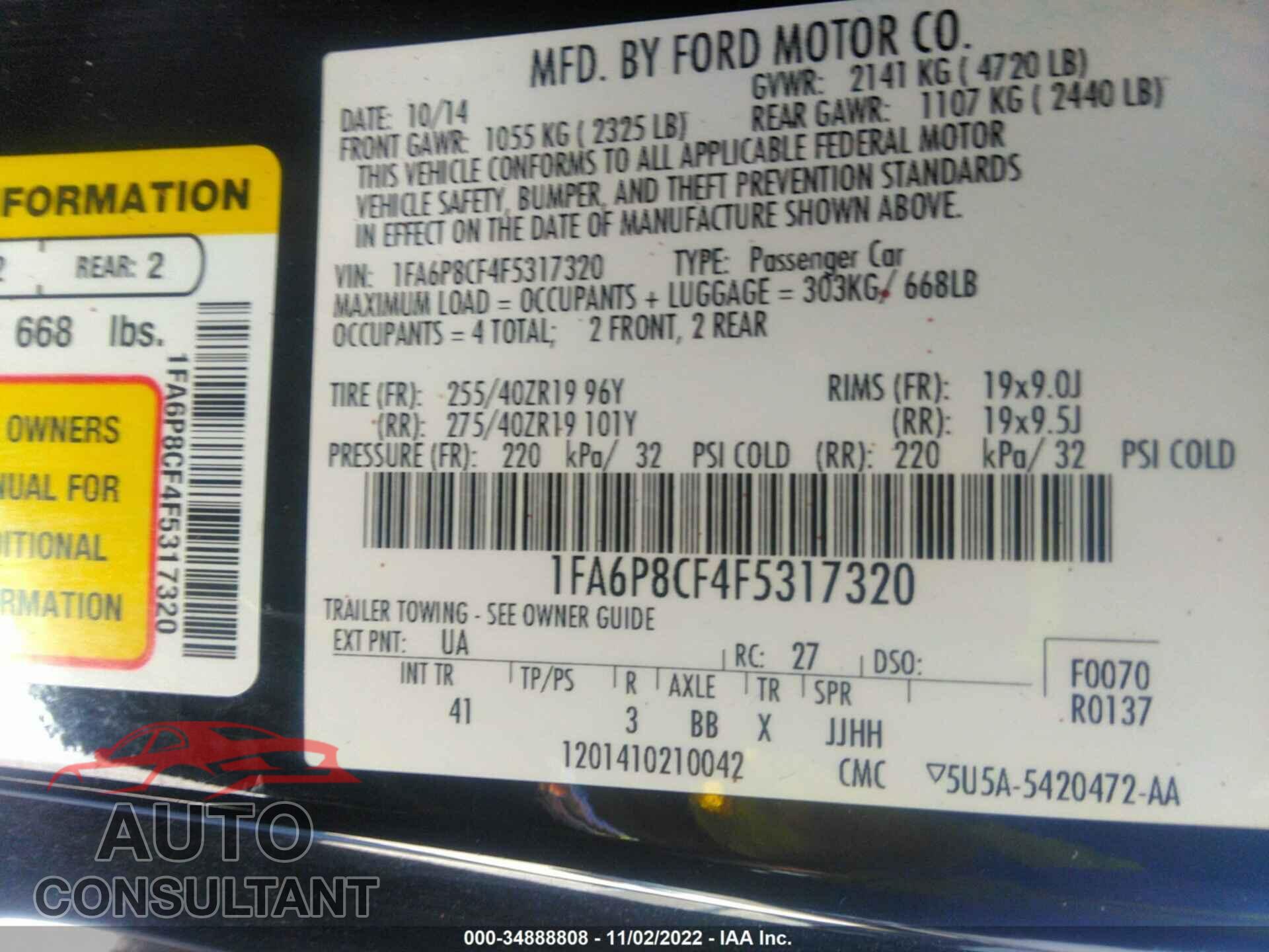 FORD MUSTANG 2015 - 1FA6P8CF4F5317320