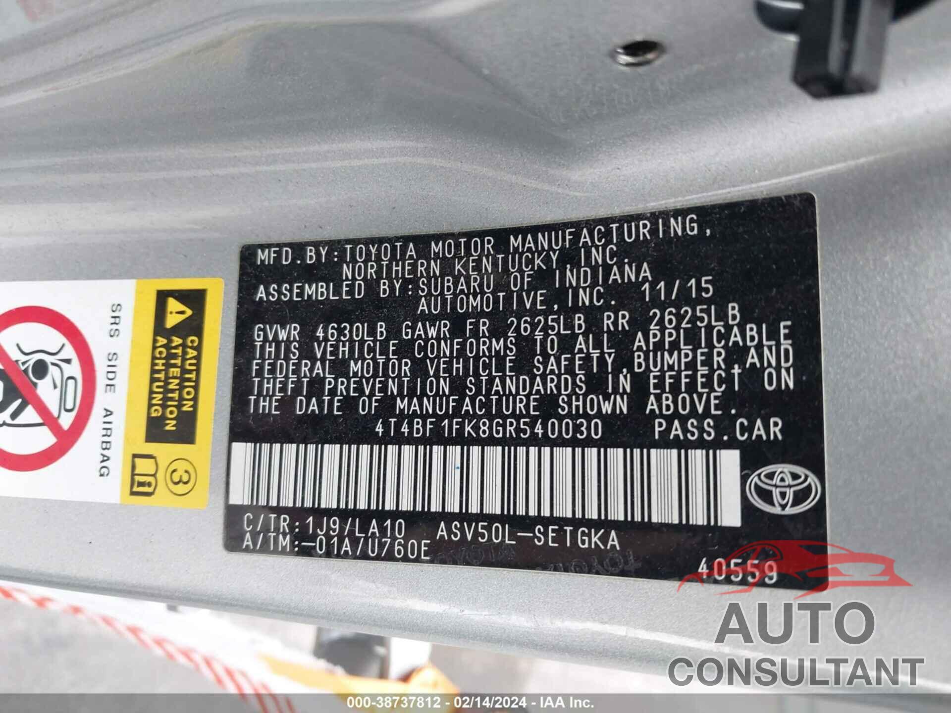 TOYOTA CAMRY 2016 - 4T4BF1FK8GR540030