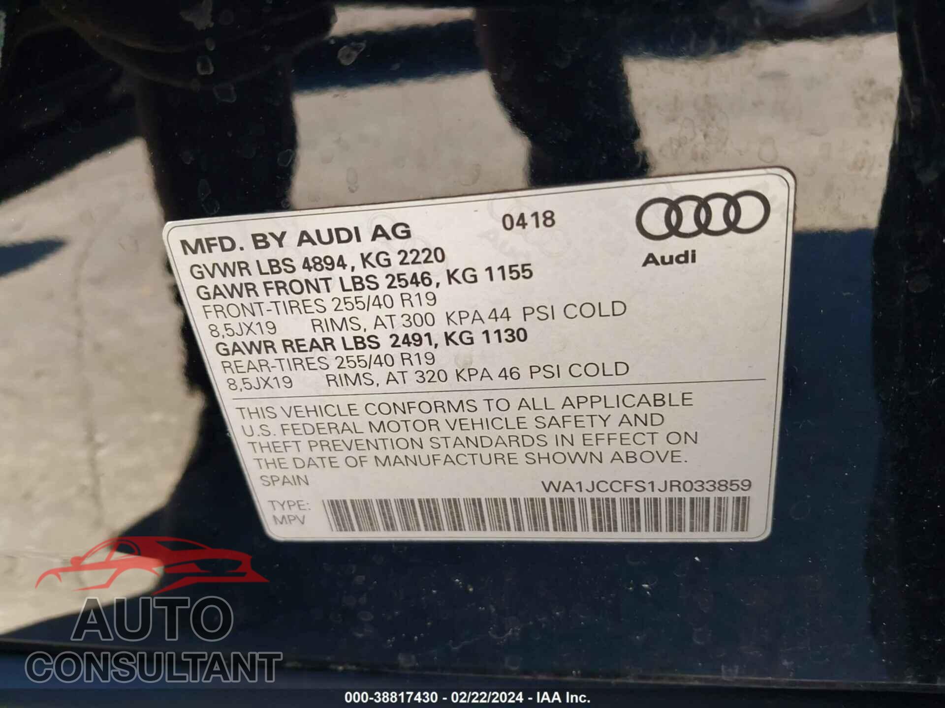 AUDI Q3 2018 - WA1JCCFS1JR033859
