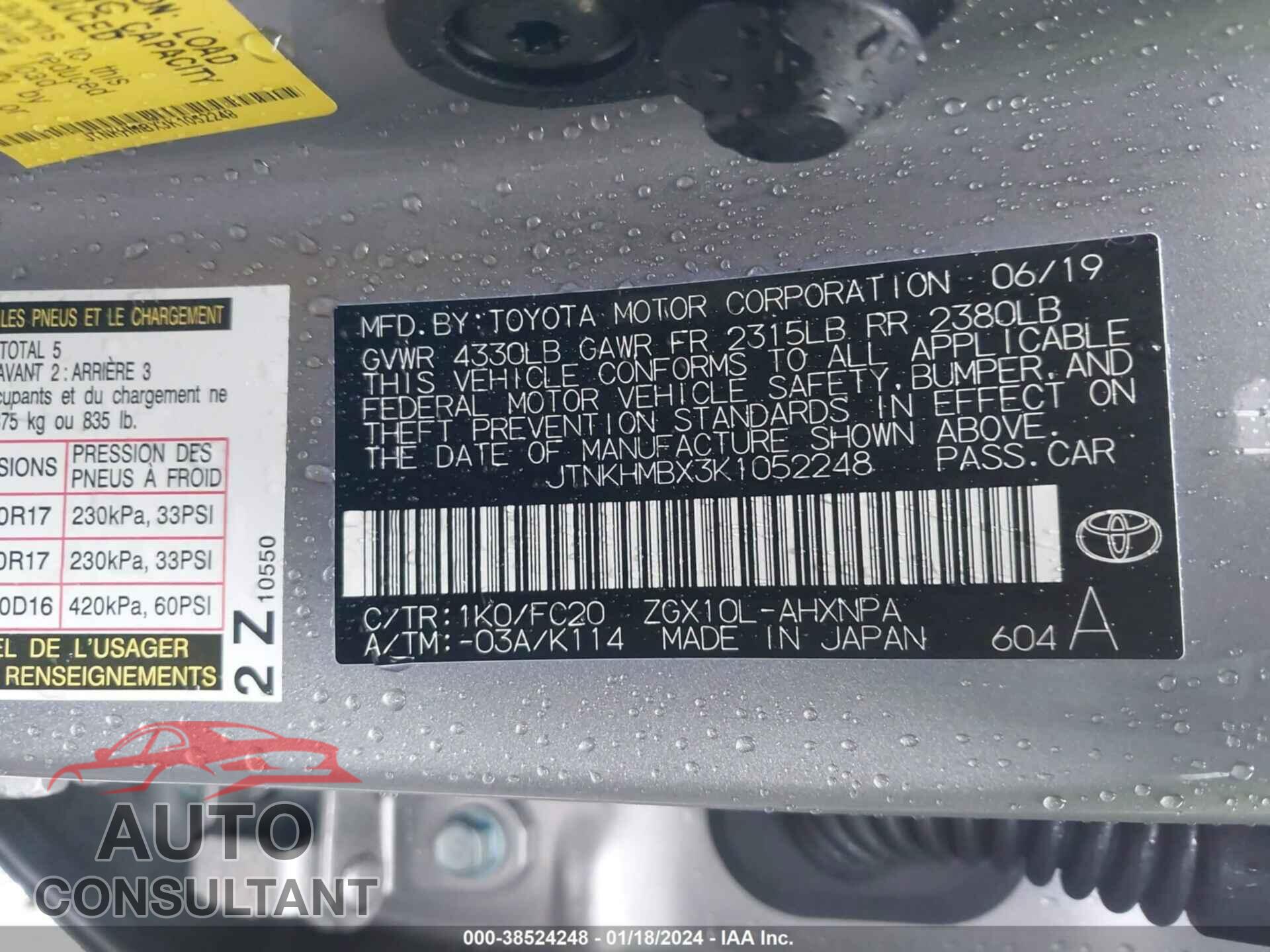 TOYOTA C-HR 2019 - JTNKHMBX3K1052248