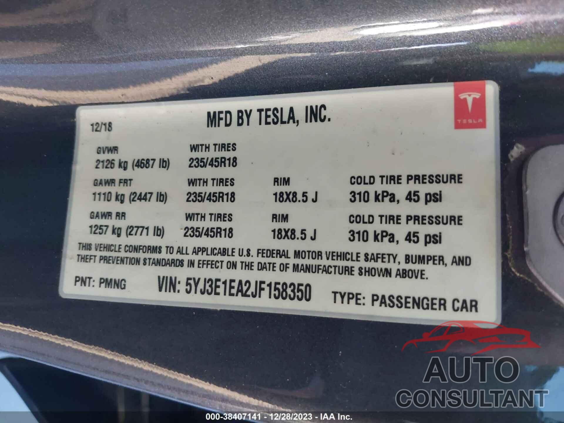 TESLA MODEL 3 2018 - 5YJ3E1EA2JF158350