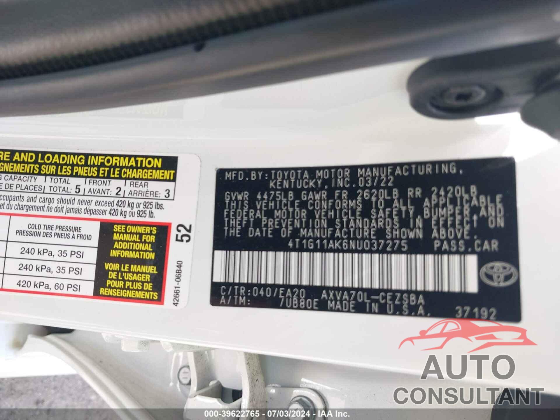 TOYOTA CAMRY 2022 - 4T1G11AK6NU037275
