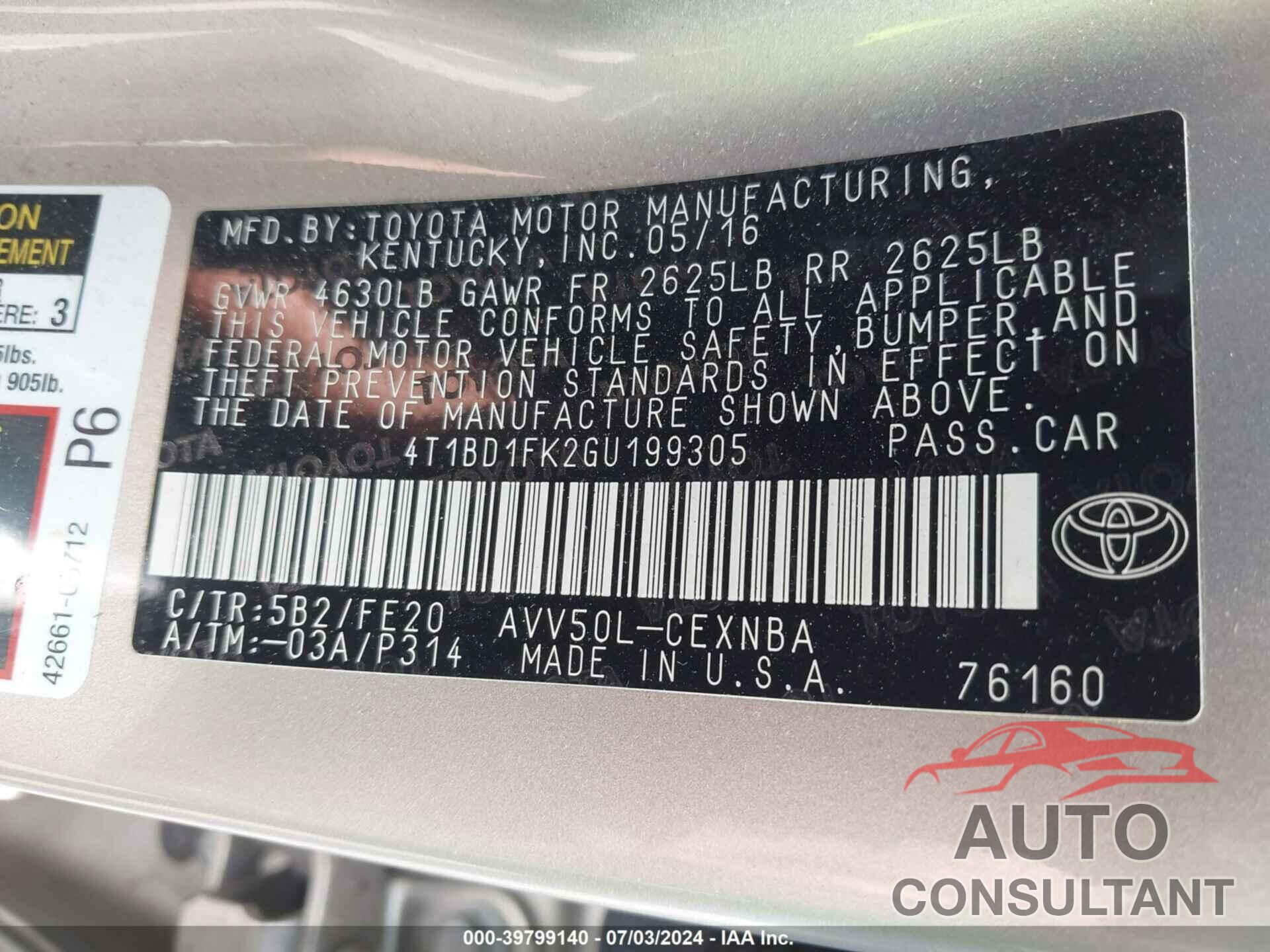 TOYOTA CAMRY HYBRID 2016 - 4T1BD1FK2GU199305