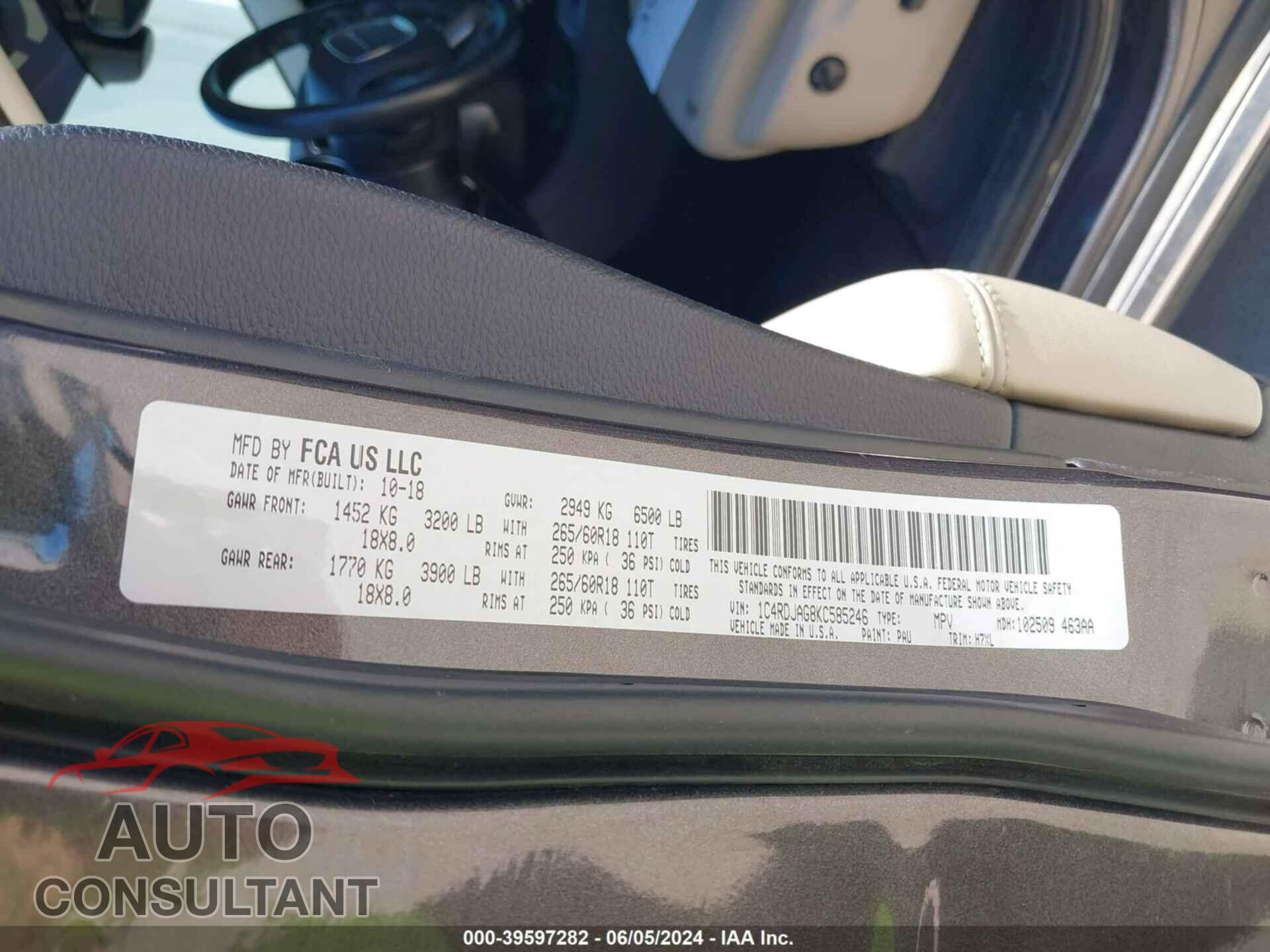 DODGE DURANGO 2019 - 1C4RDJAG8KC585246