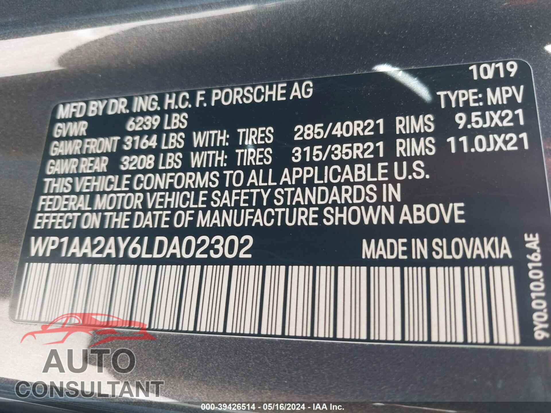 PORSCHE CAYENNE 2020 - WP1AA2AY6LDA02302