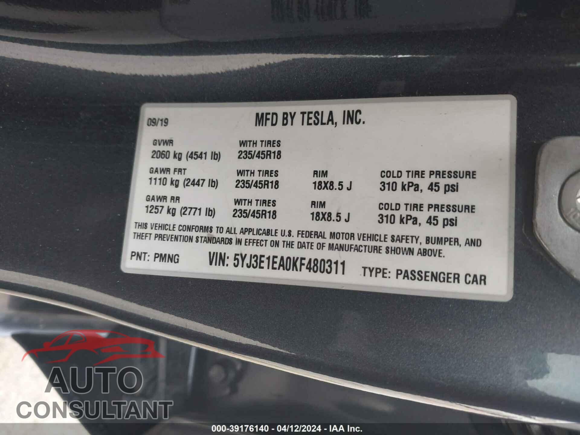TESLA MODEL 3 2019 - 5YJ3E1EA0KF480311