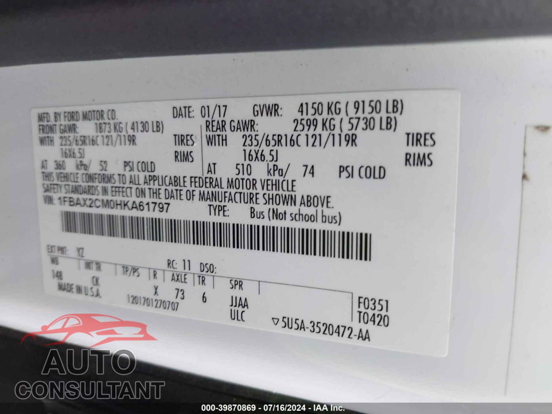 FORD TRANSIT 2017 - 1FBAX2CM0HKA61797