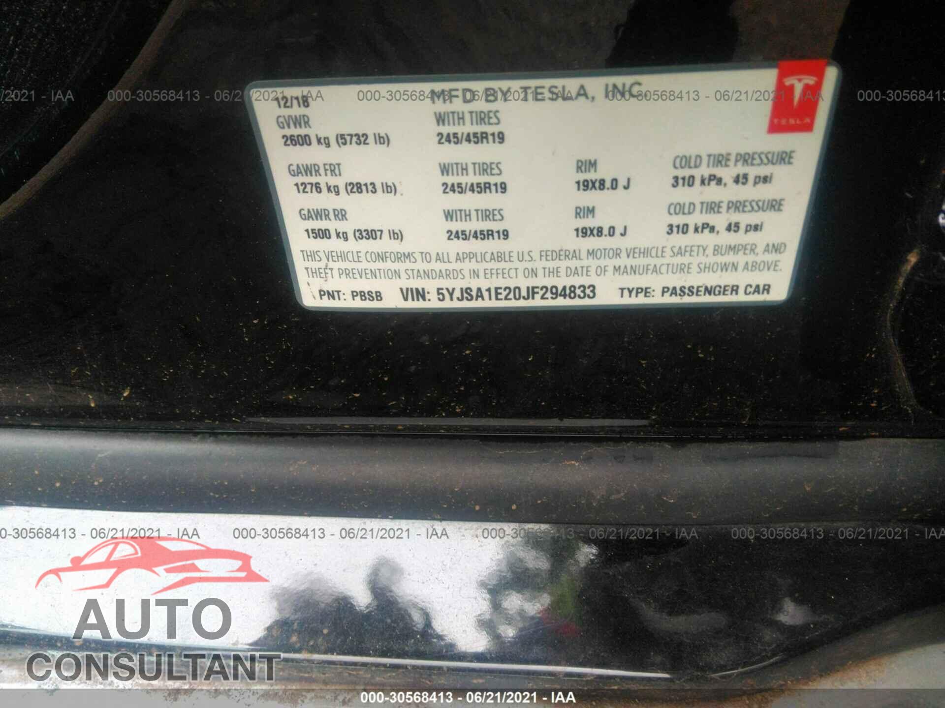 TESLA MODEL S 2018 - 5YJSA1E20JF294833