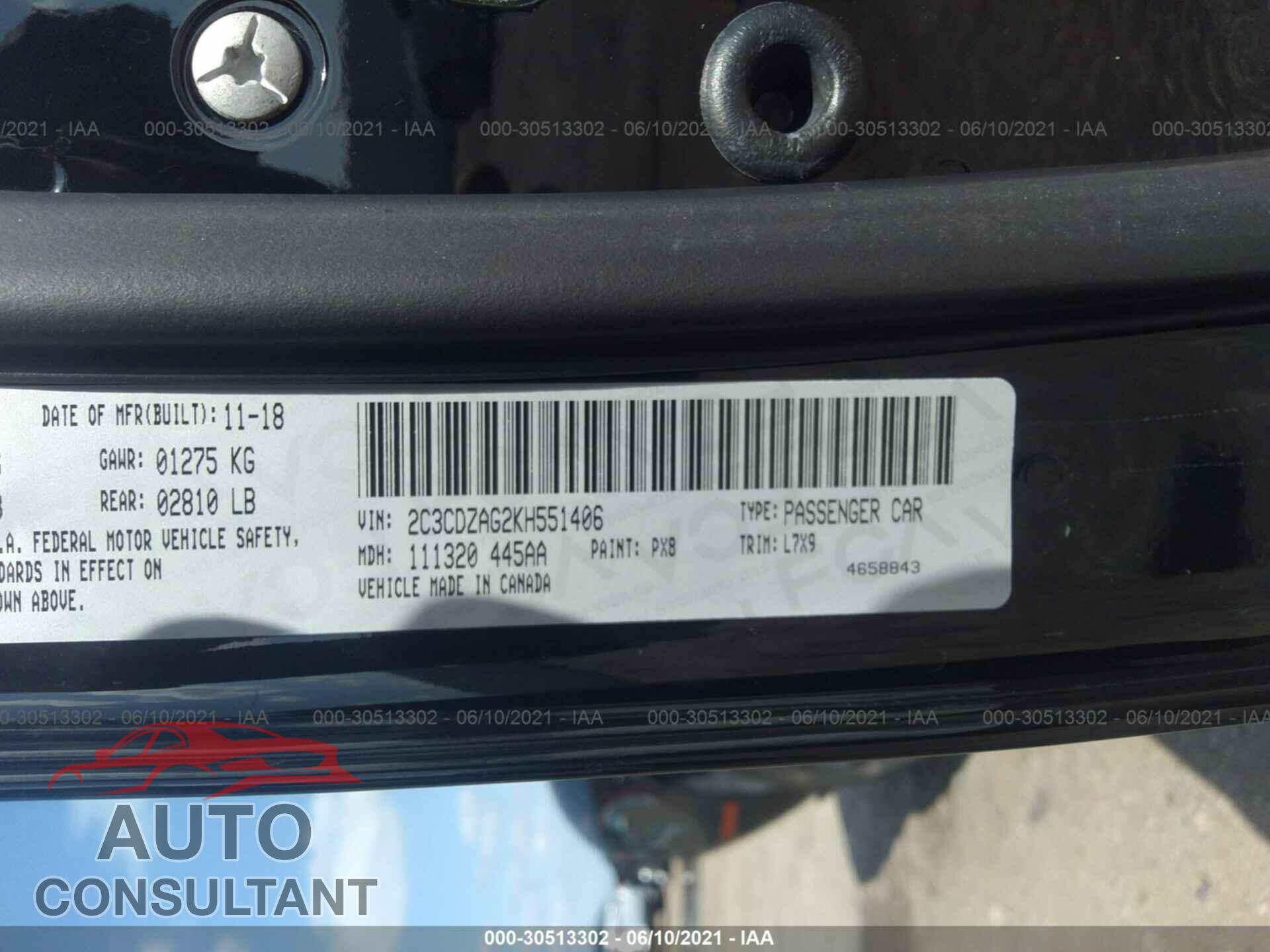 DODGE CHALLENGER 2019 - 2C3CDZAG2KH551406