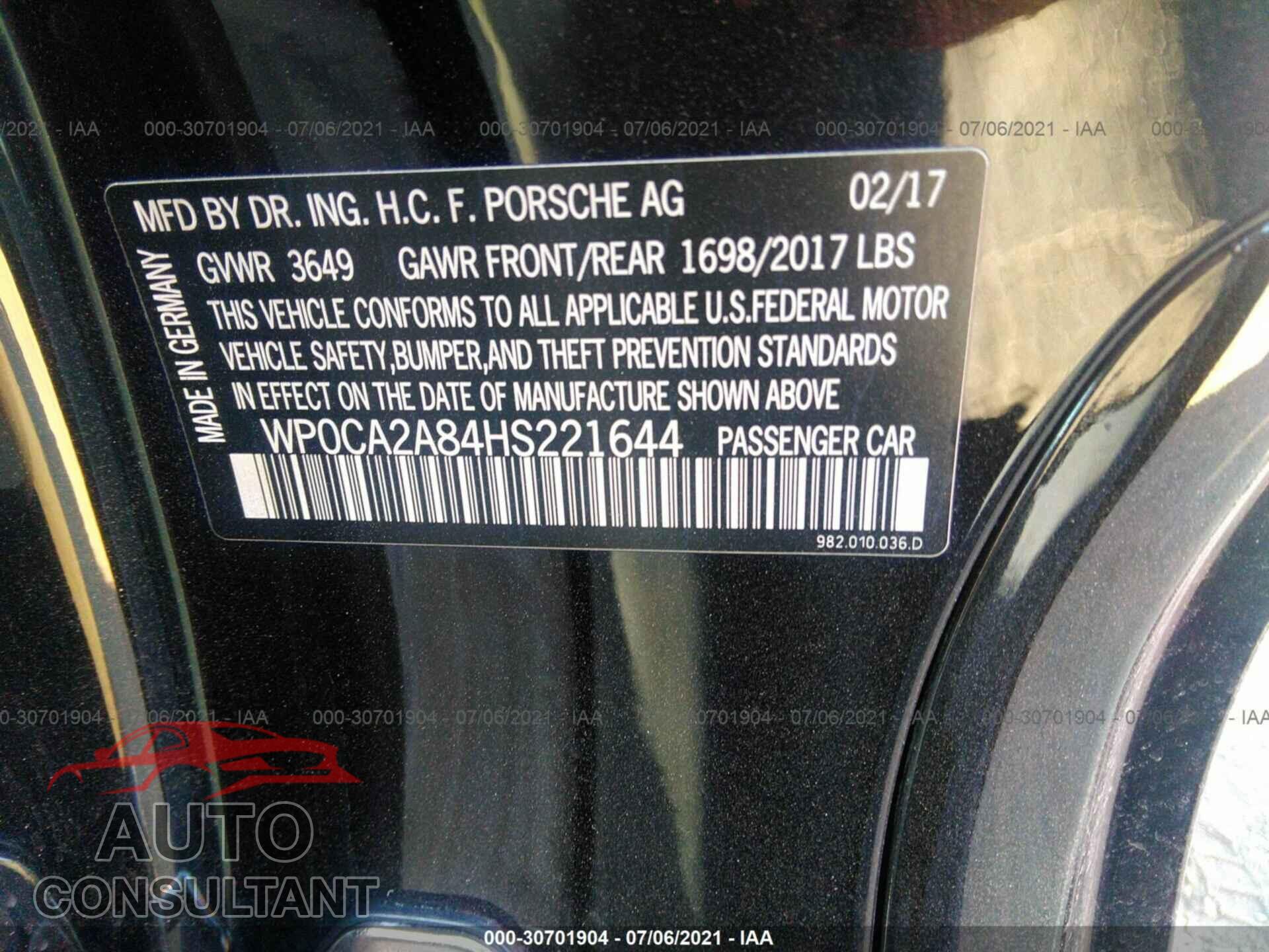 PORSCHE 718 BOXSTER 2017 - WP0CA2A84HS221644