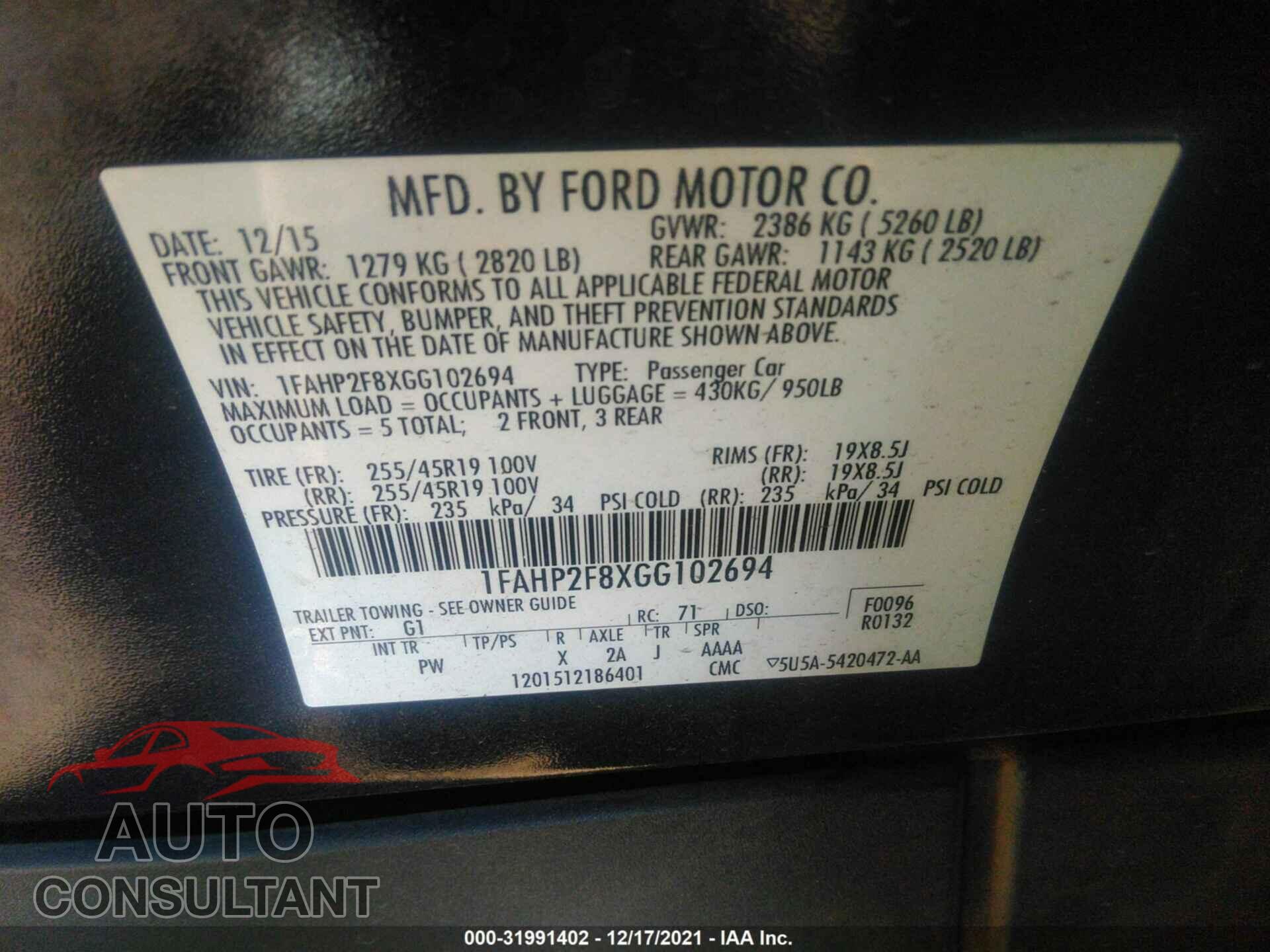 FORD TAURUS 2016 - 1FAHP2F8XGG102694