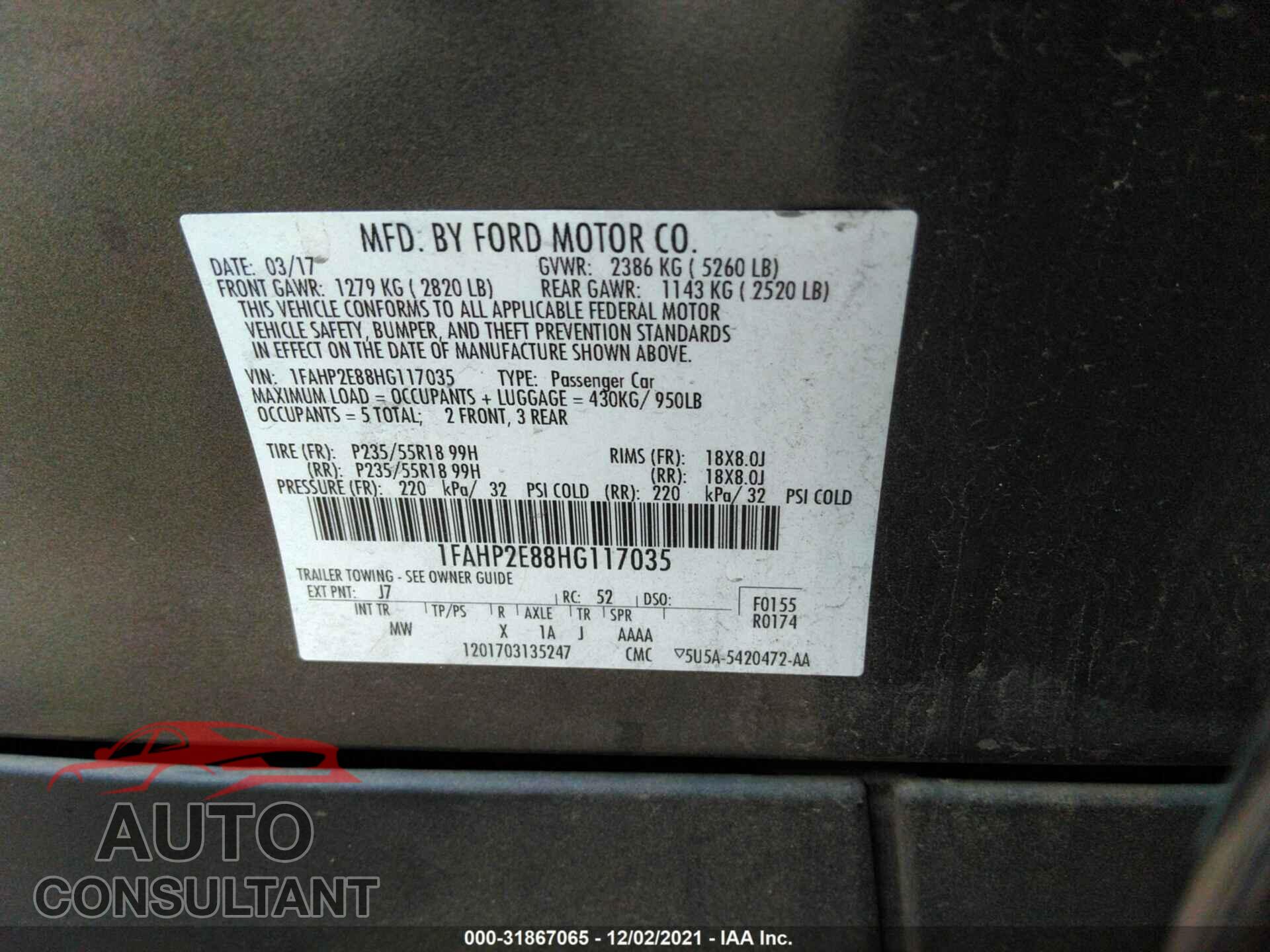 FORD TAURUS 2017 - 1FAHP2E88HG117035
