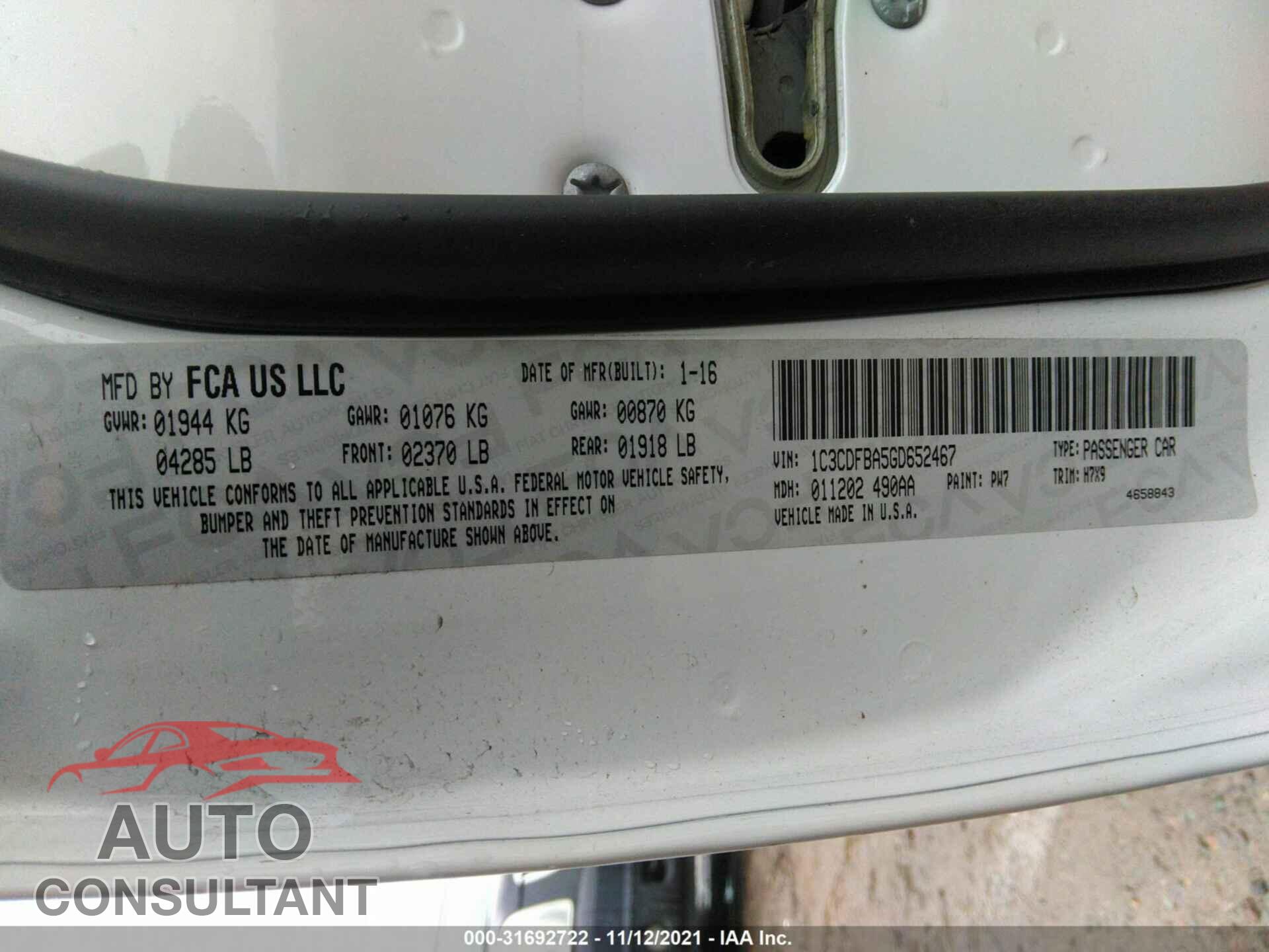 DODGE DART 2016 - 1C3CDFBA5GD652467