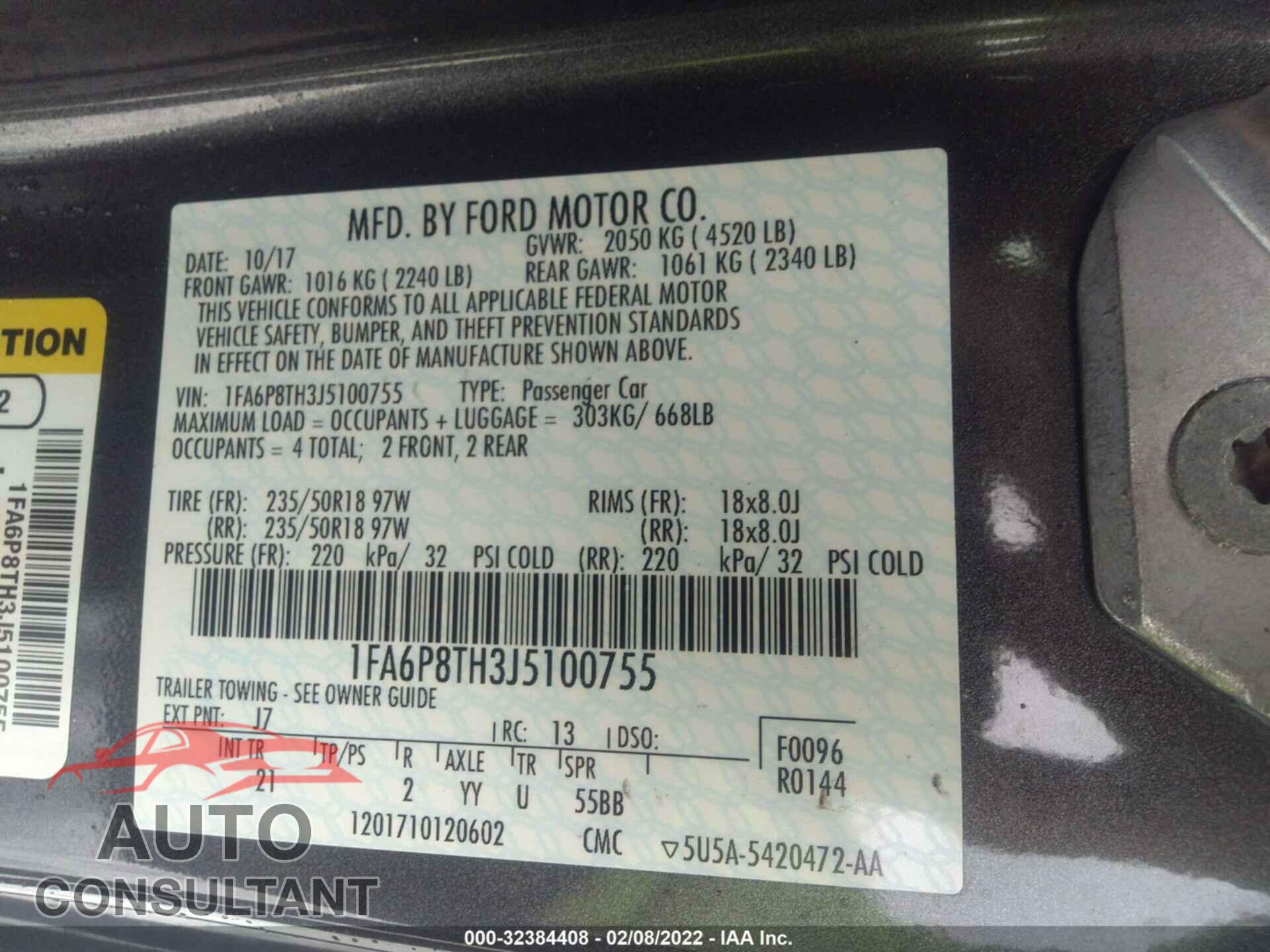 FORD MUSTANG 2018 - 1FA6P8TH3J5100755