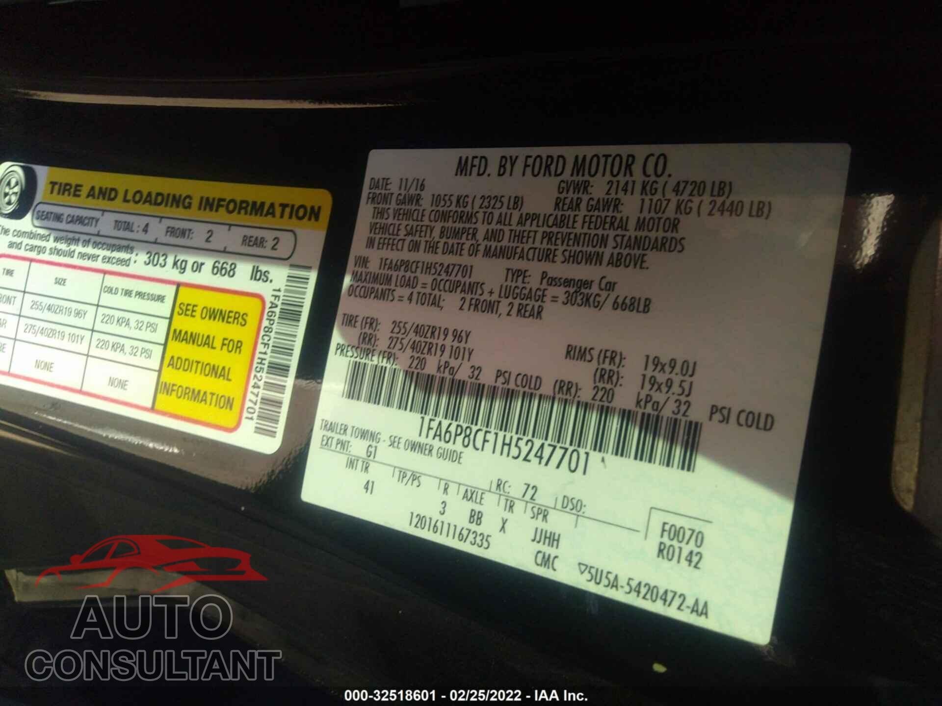 FORD MUSTANG 2017 - 1FA6P8CF1H5247701