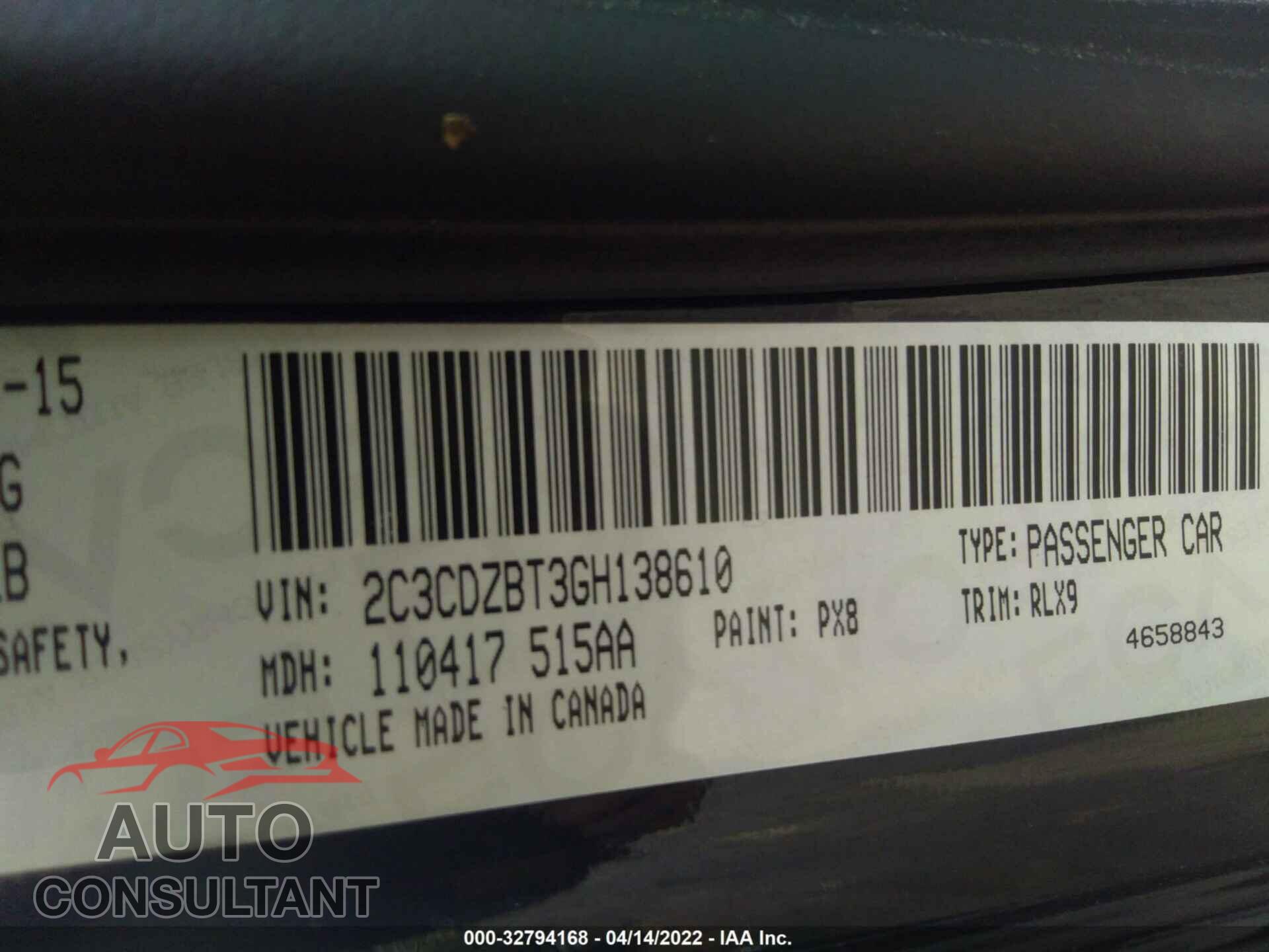 DODGE CHALLENGER 2016 - 2C3CDZBT3GH138610