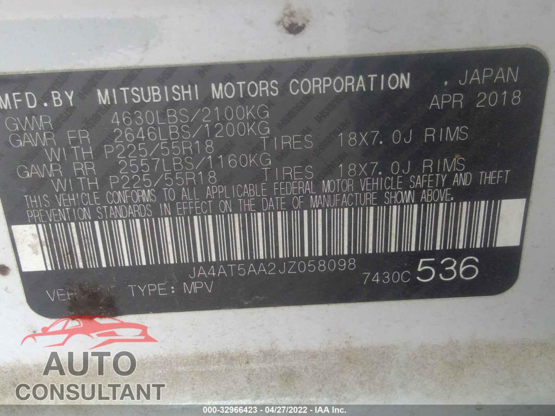 MITSUBISHI ECLIPSE CROSS 2018 - JA4AT5AA2JZ058098