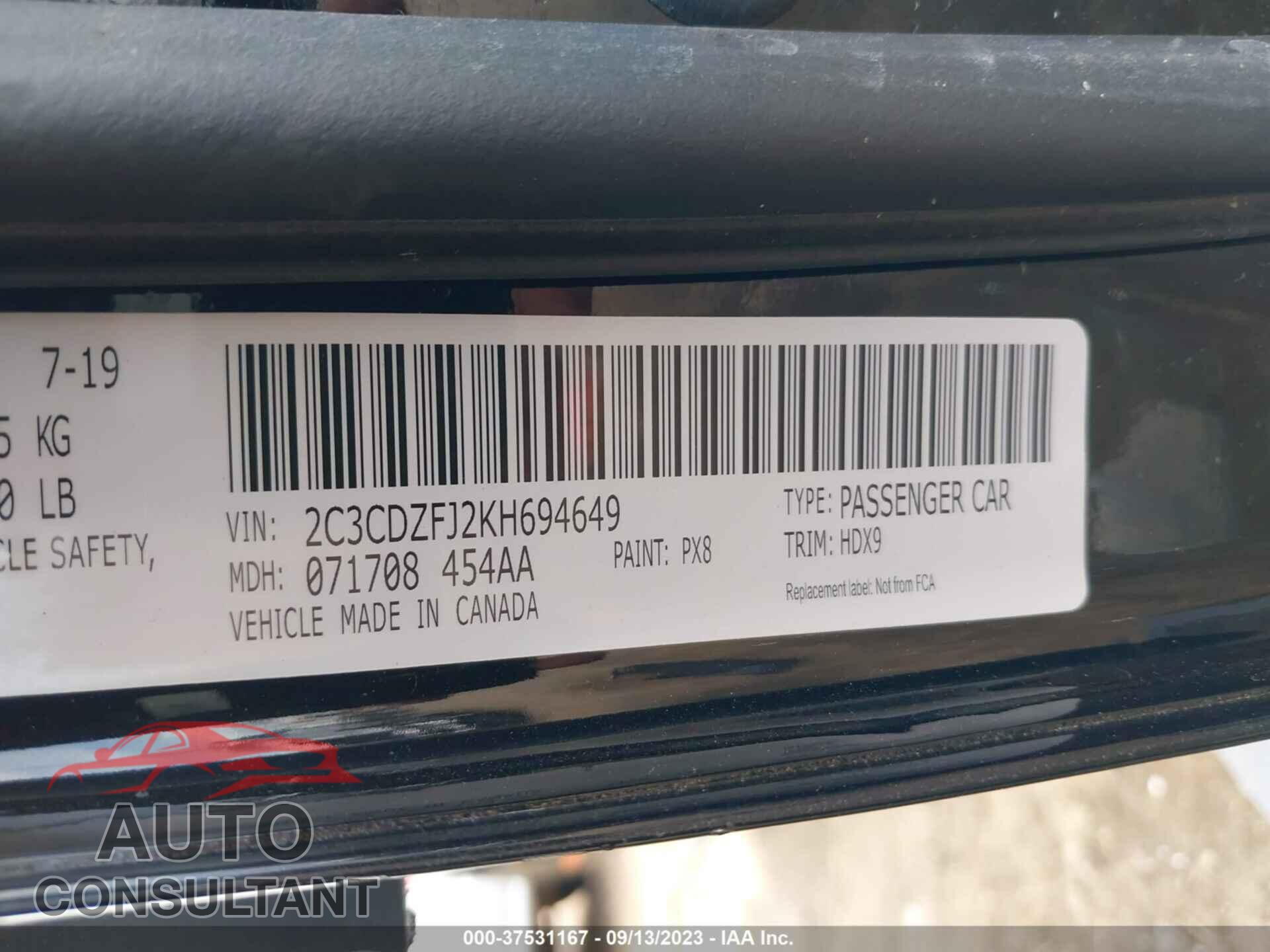DODGE CHALLENGER 2019 - 2C3CDZFJ2KH694649