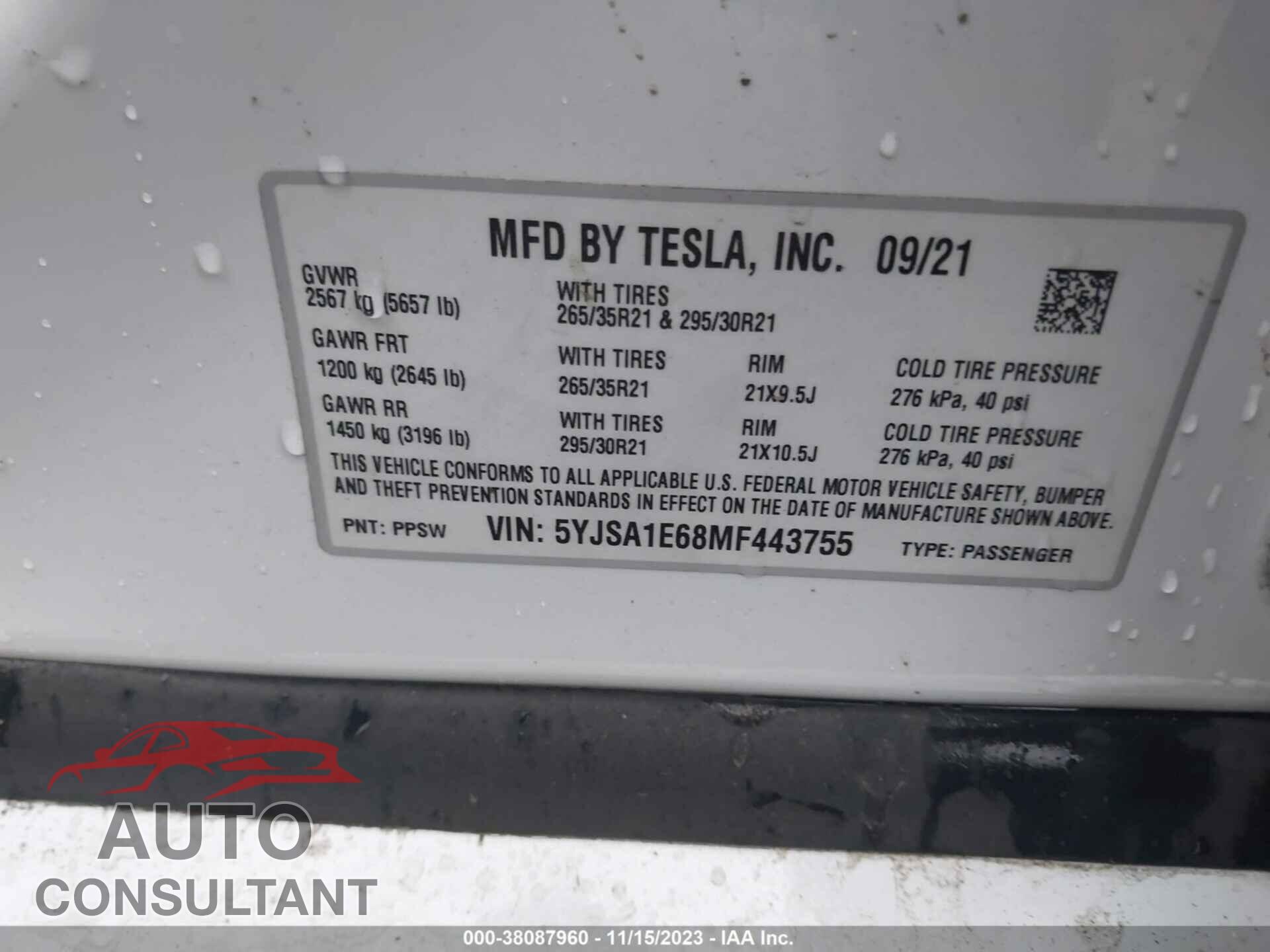 TESLA MODEL S 2021 - 5YJSA1E68MF443755