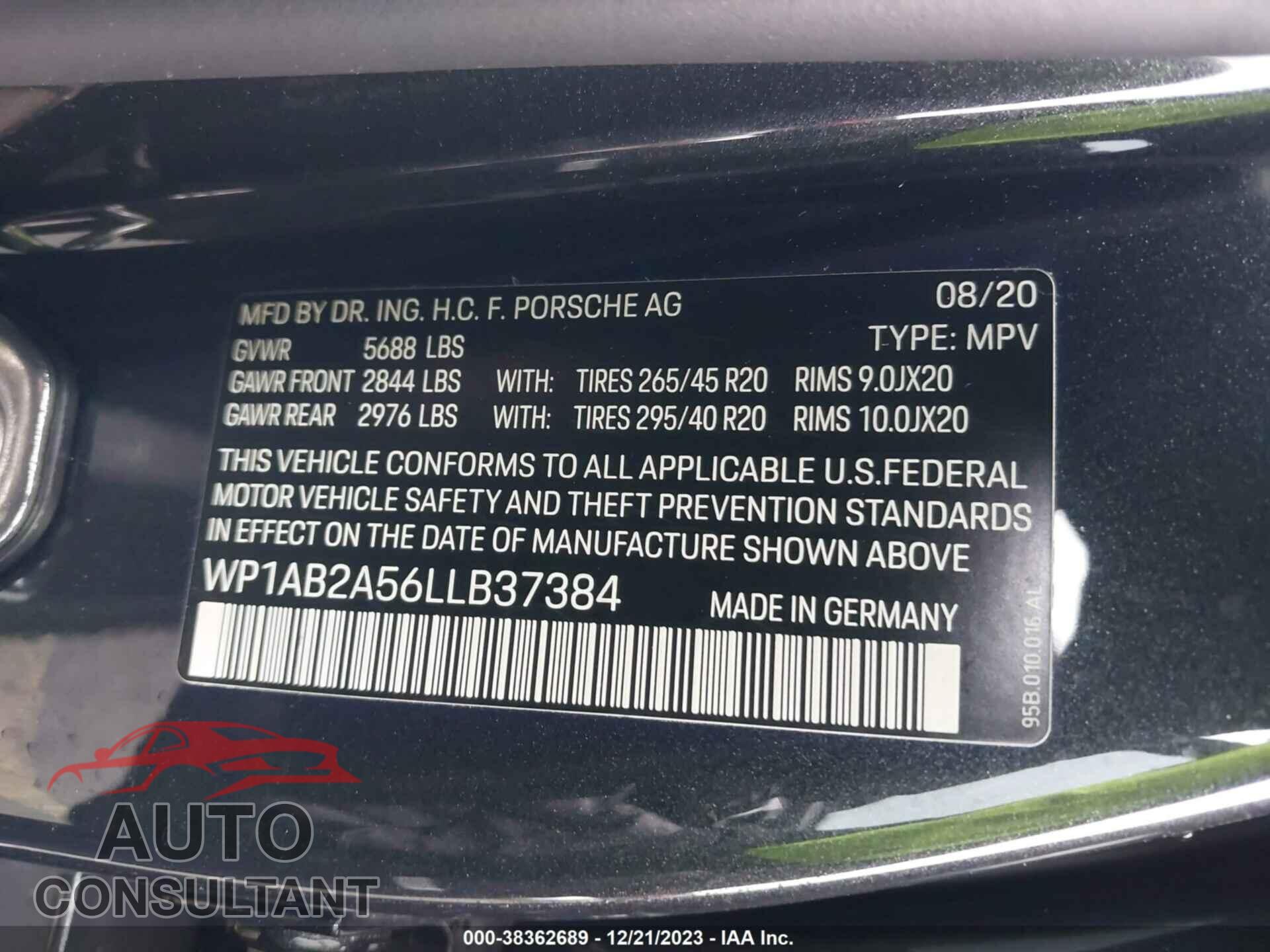 PORSCHE MACAN 2020 - WP1AB2A56LLB37384