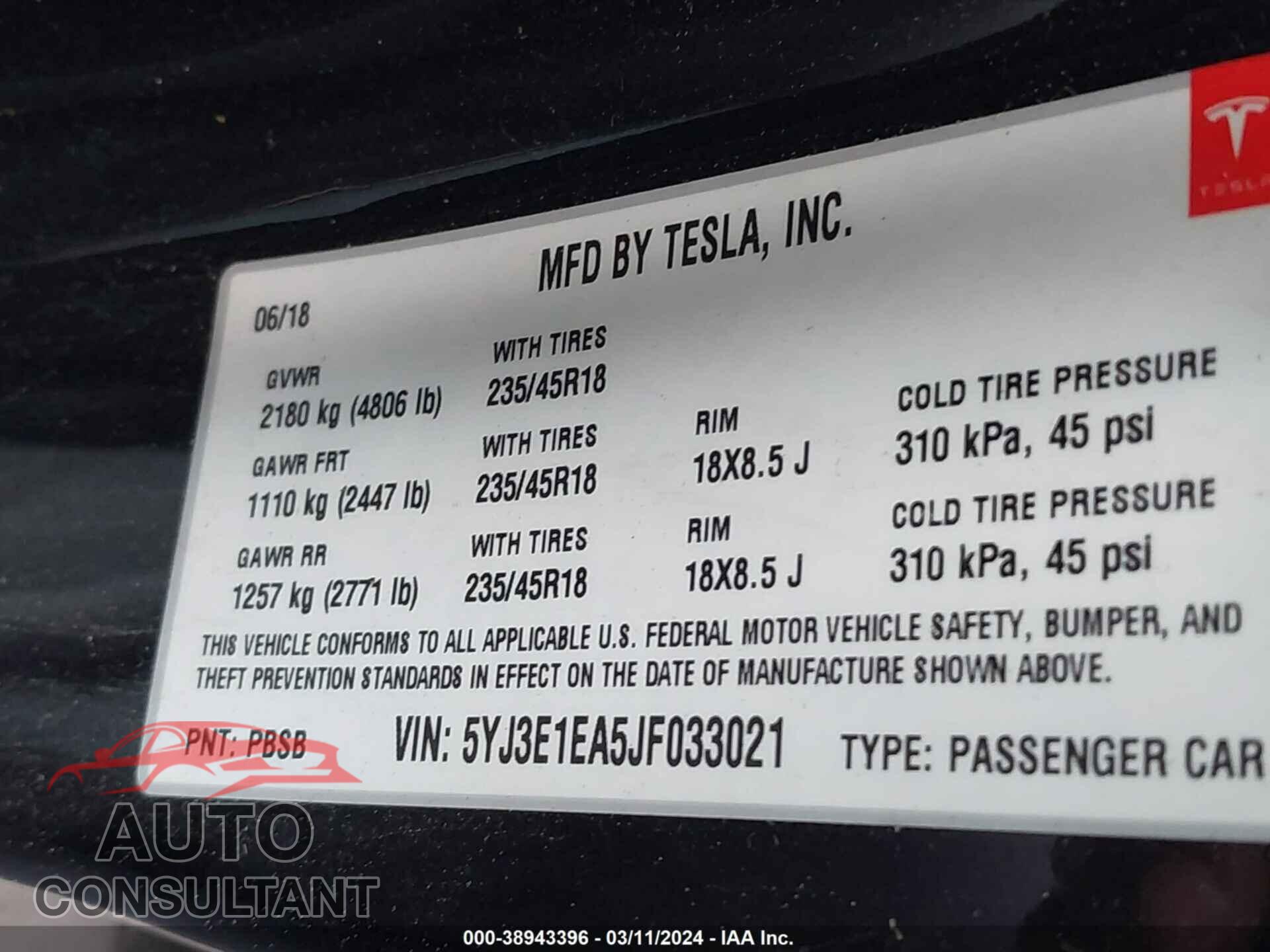 TESLA MODEL 3 2018 - 5YJ3E1EA5JF033021
