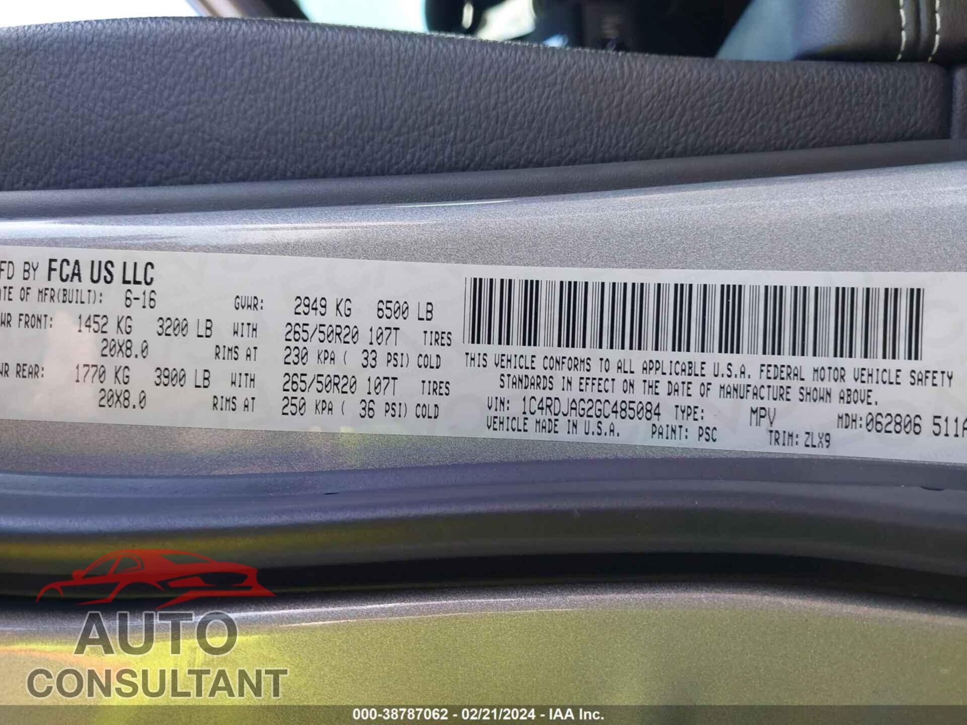 DODGE DURANGO 2016 - 1C4RDJAG2GC485084