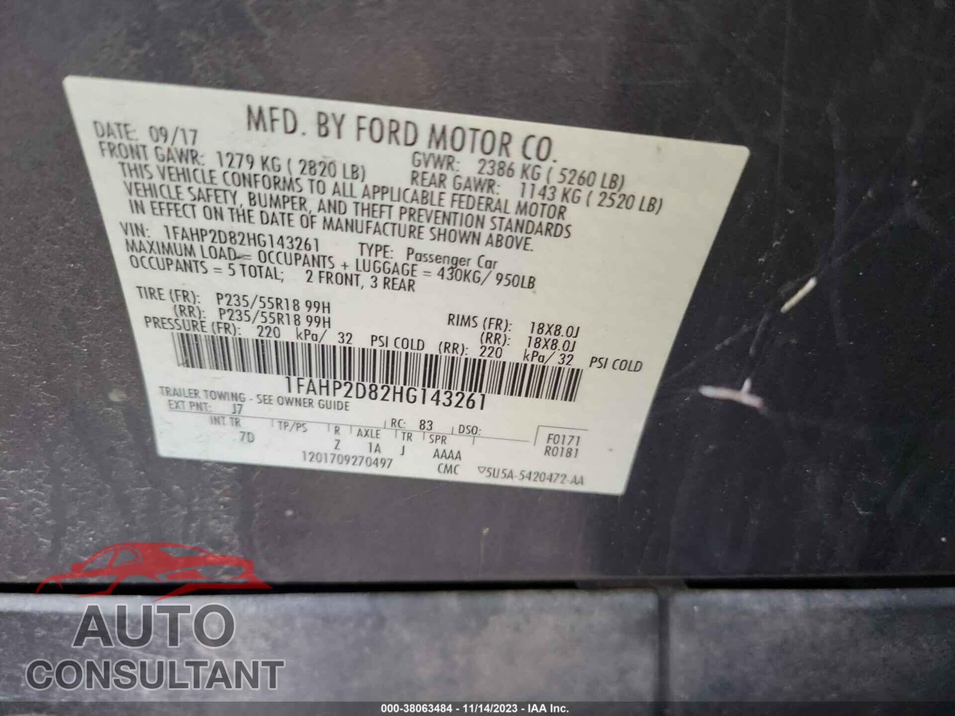 FORD TAURUS 2017 - 1FAHP2D82HG143261