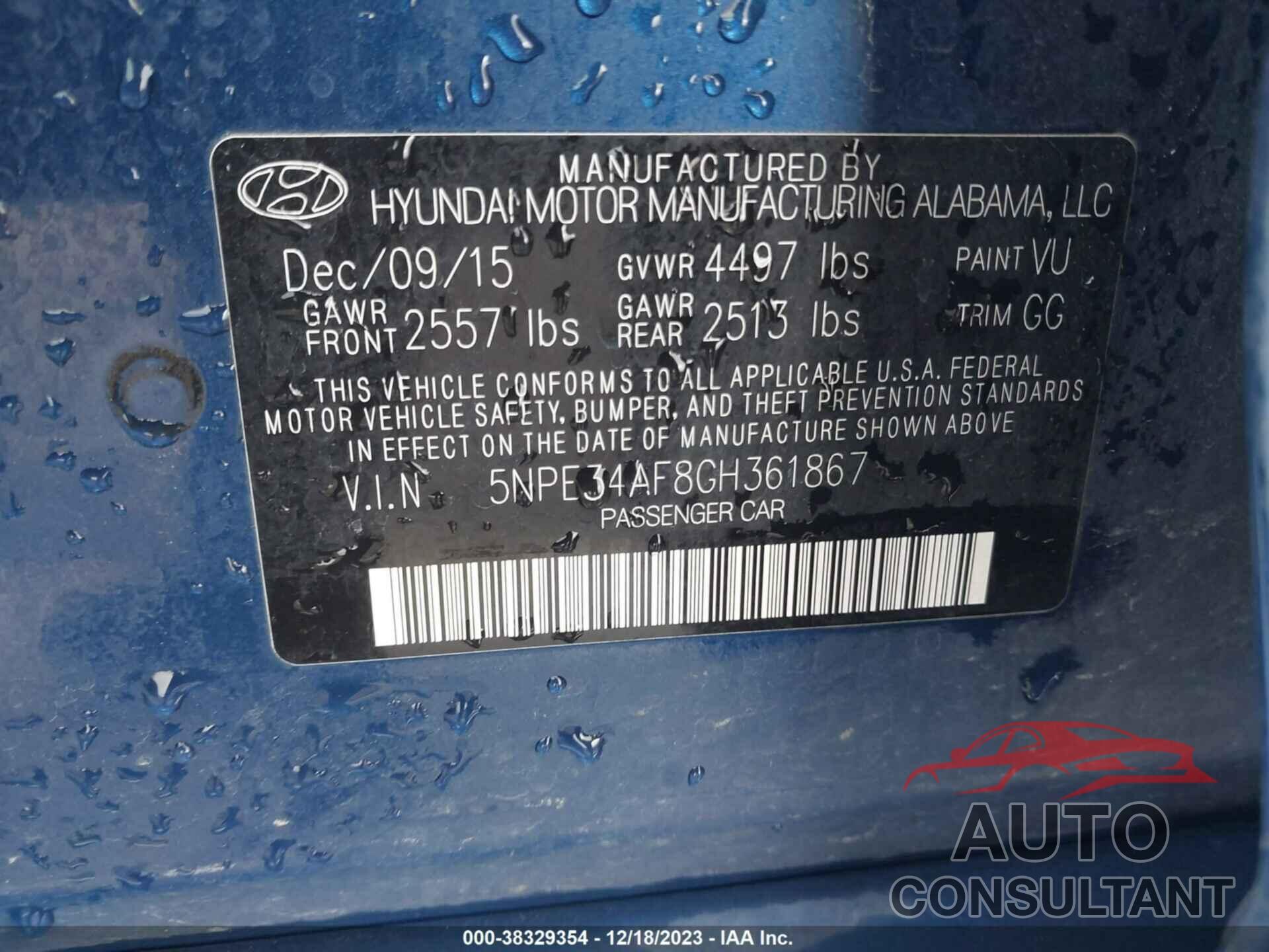 HYUNDAI SONATA 2016 - 5NPE34AF8GH361867