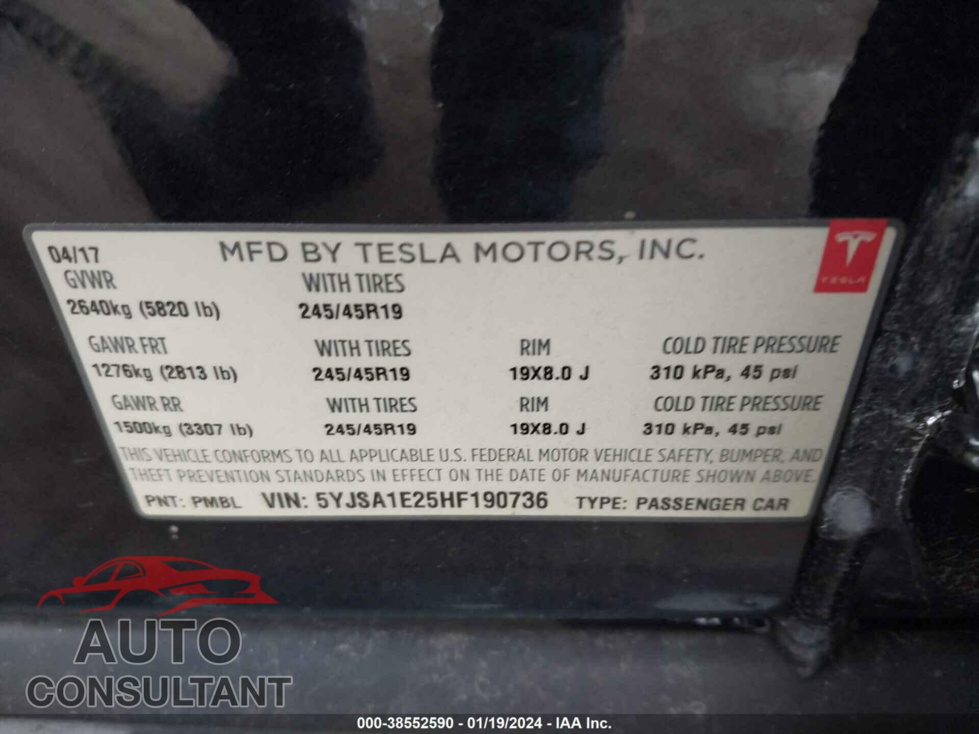 TESLA MODEL S 2017 - 5YJSA1E25HF190736