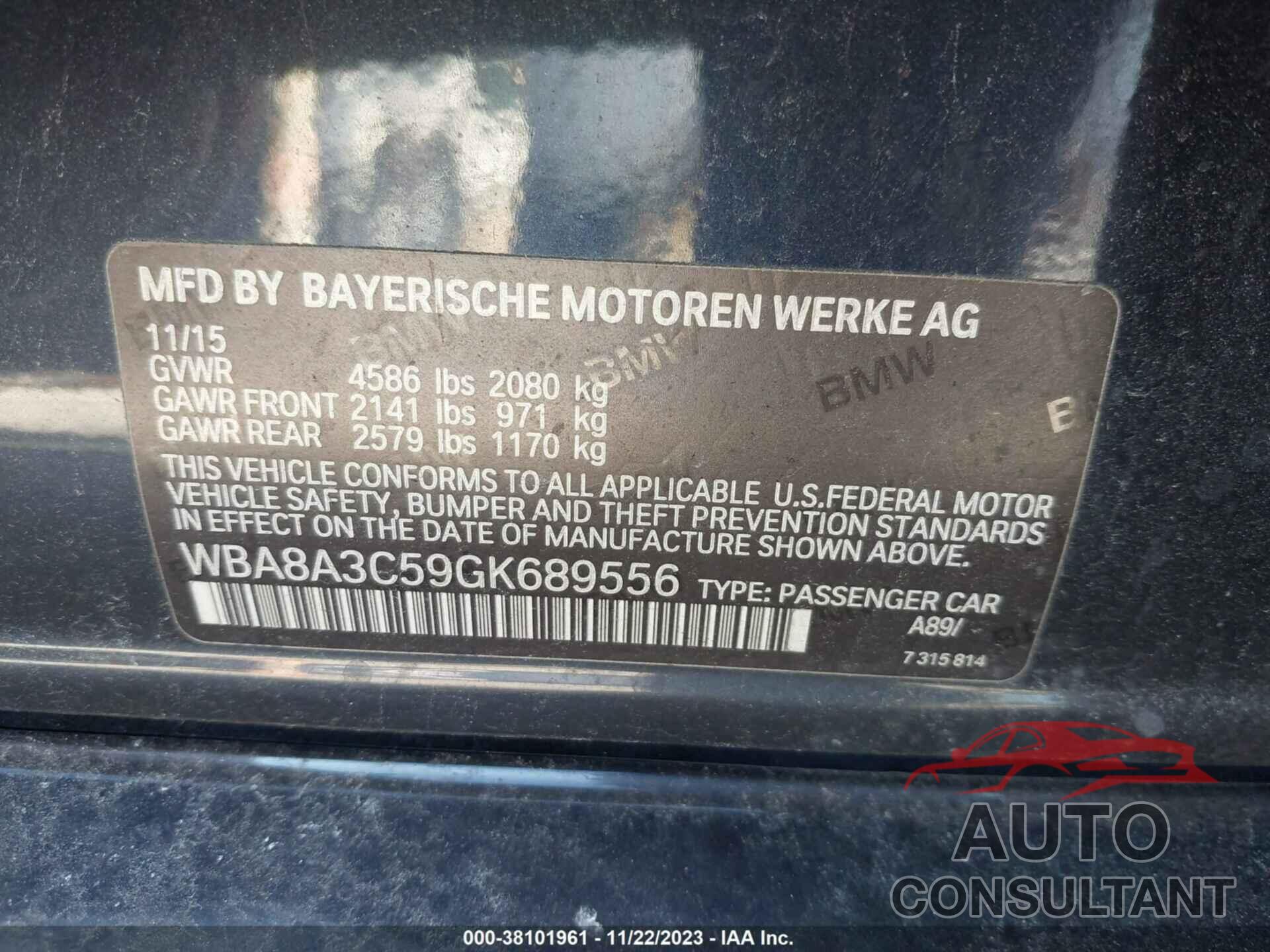 BMW 320I 2016 - WBA8A3C59GK689556