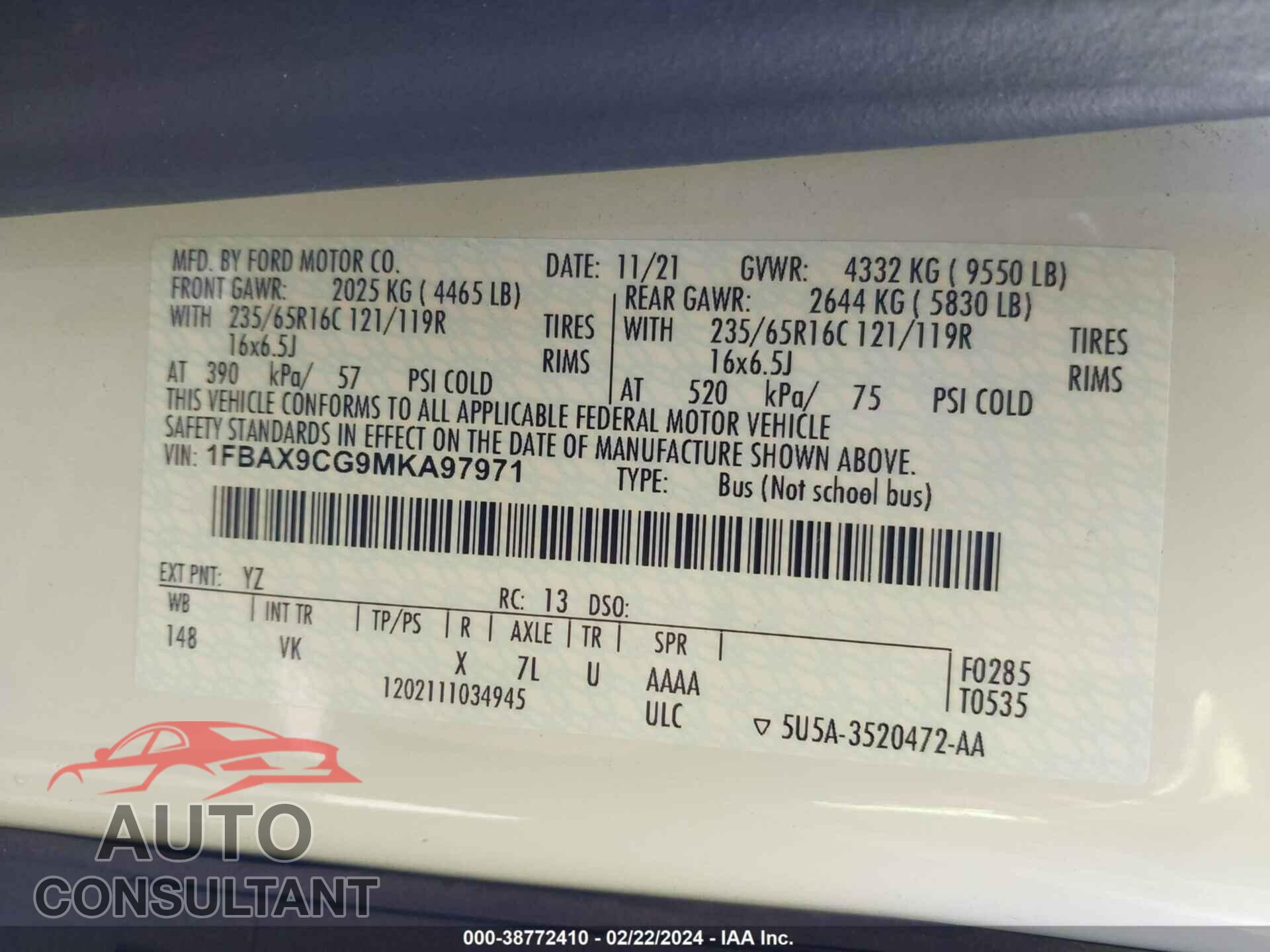 FORD TRANSIT 2021 - 1FBAX9CG9MKA97971